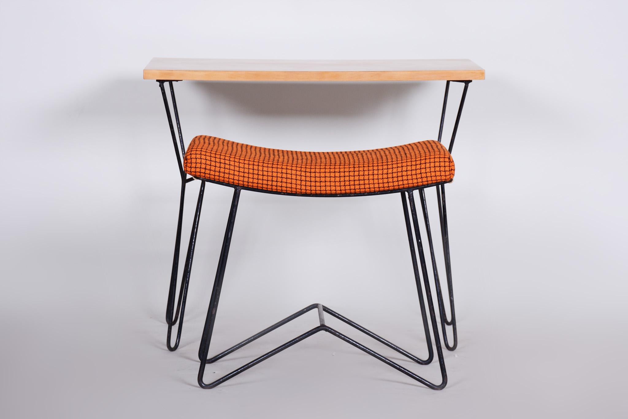 Czech Set of Midcentury Orange Stool and Beech Table, Preserved Condition, 1950s For Sale