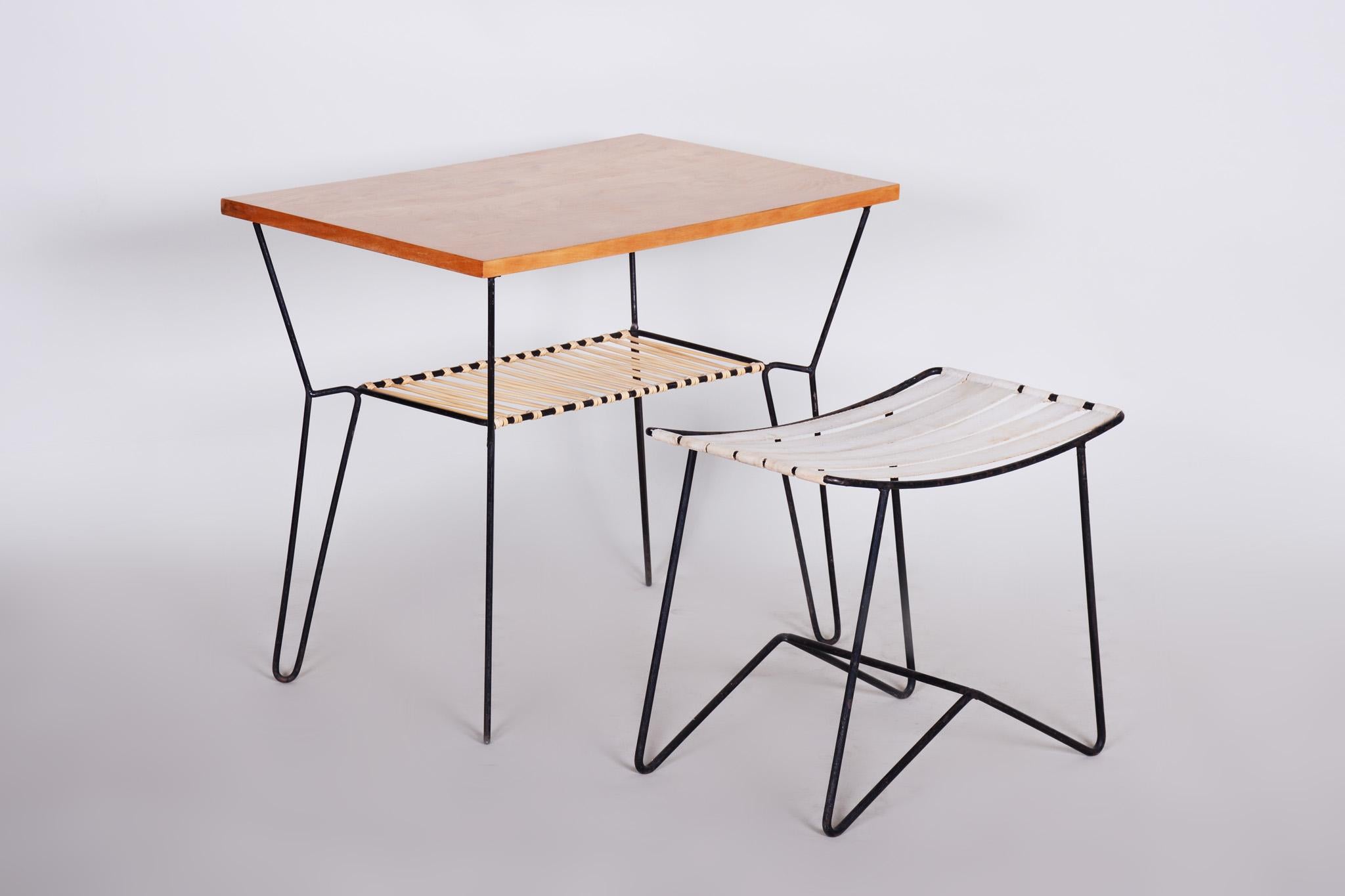 20th Century Set of Midcentury Orange Stool and Beech Table, Preserved Condition, 1950s For Sale