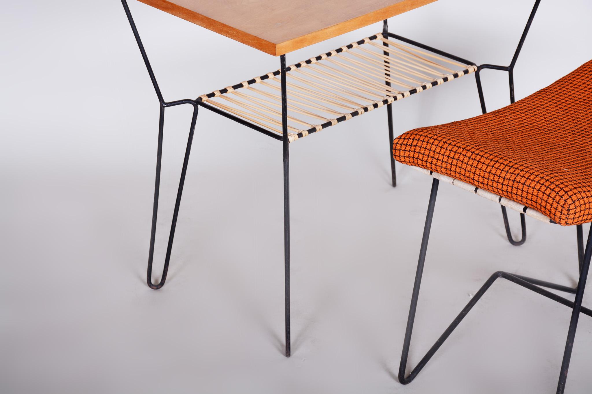 Steel Set of Midcentury Orange Stool and Beech Table, Preserved Condition, 1950s For Sale