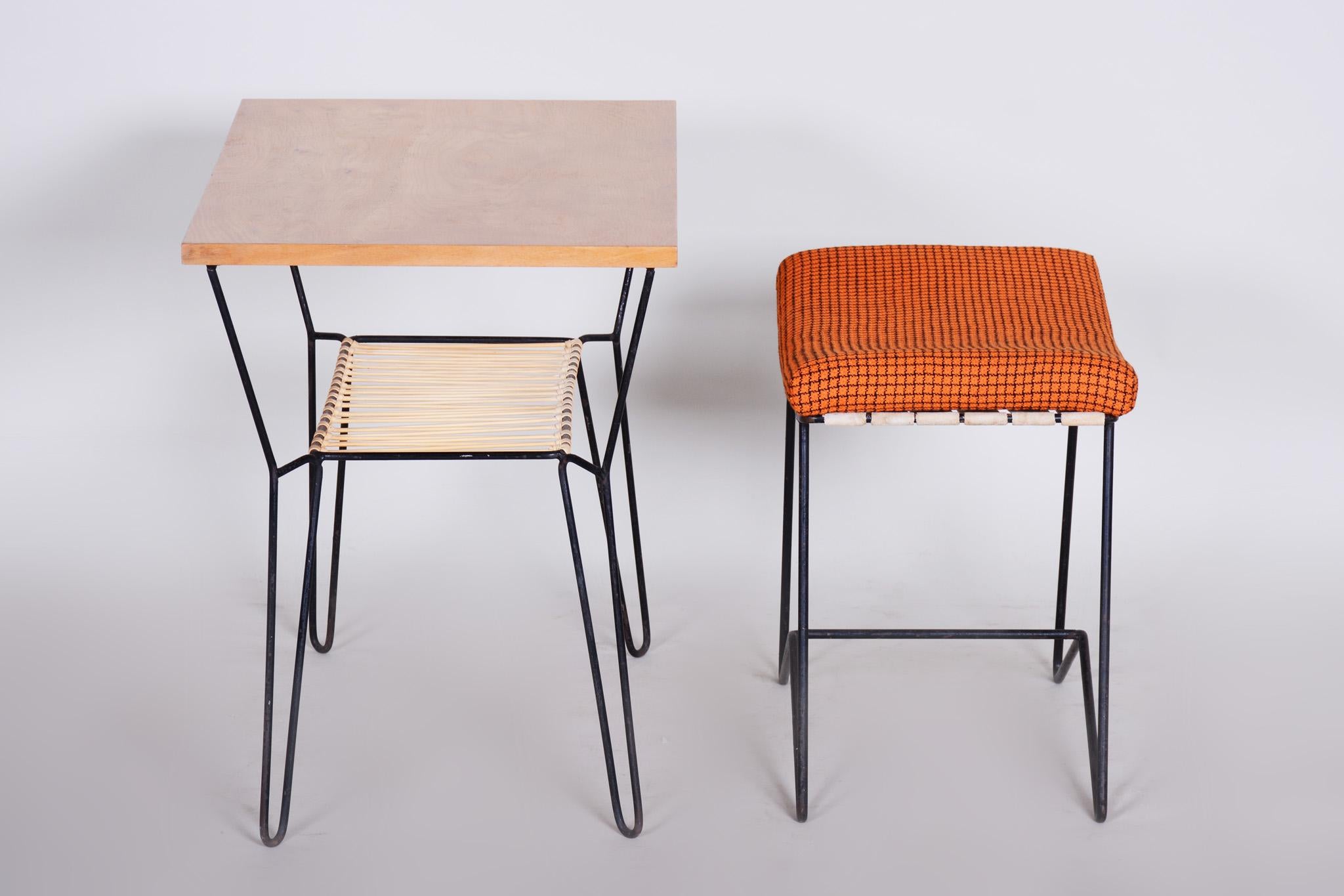 Set of Midcentury Orange Stool and Beech Table, Preserved Condition, 1950s For Sale 2