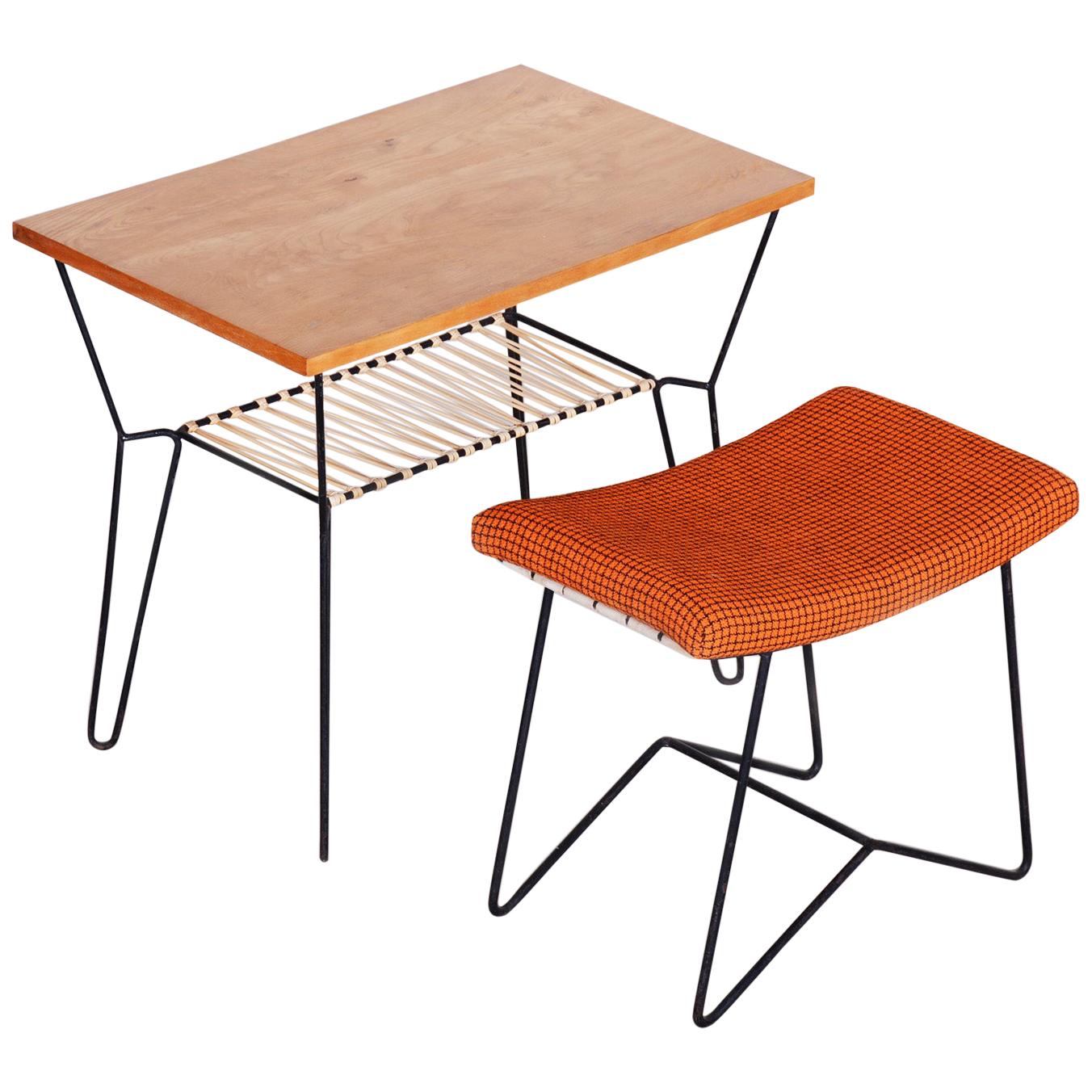 Set of Midcentury Orange Stool and Beech Table, Preserved Condition, 1950s