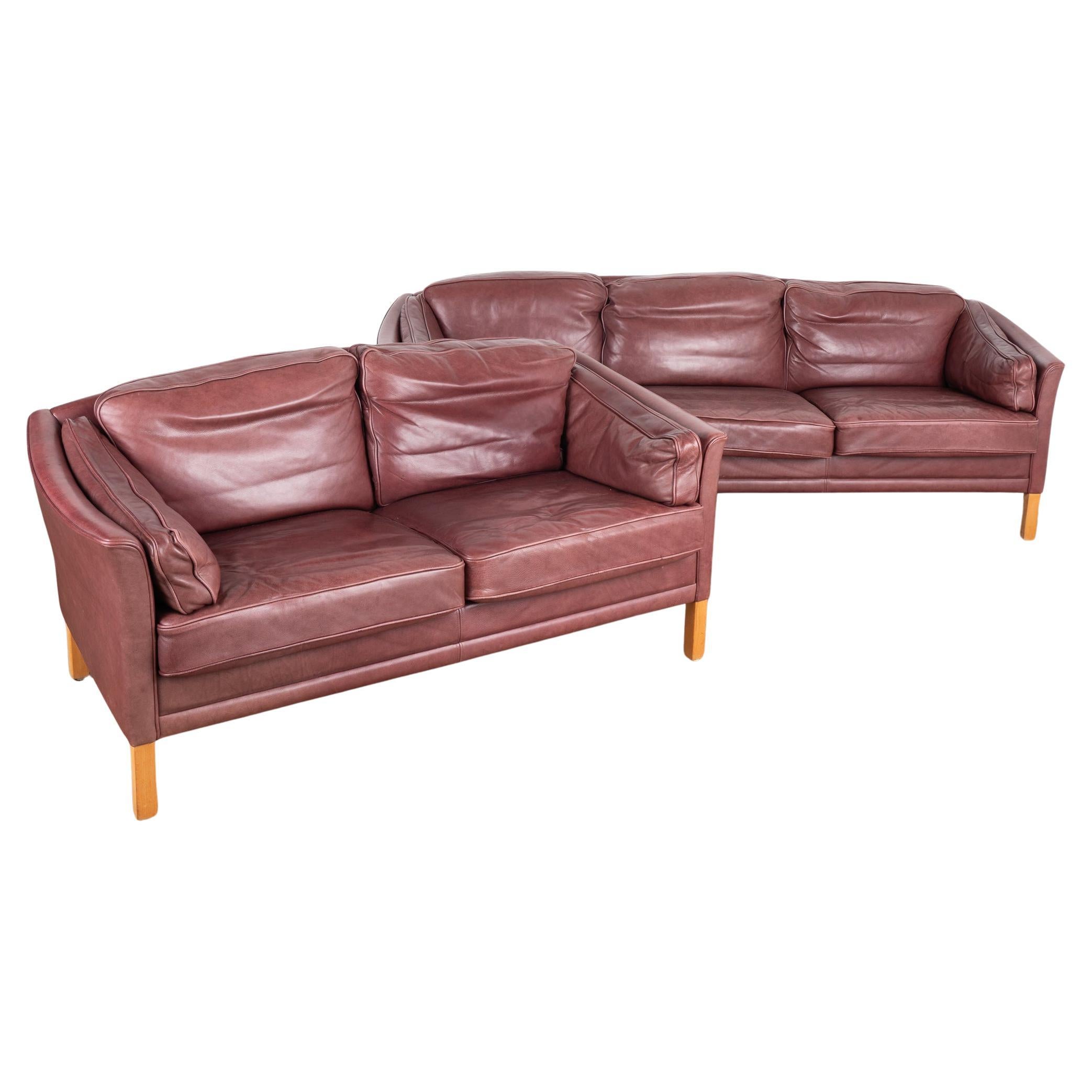 Set of Mid Century Purple Leather 3 Seat Sofa & 2 Seat Loveseat, Denmark 1960-70 For Sale