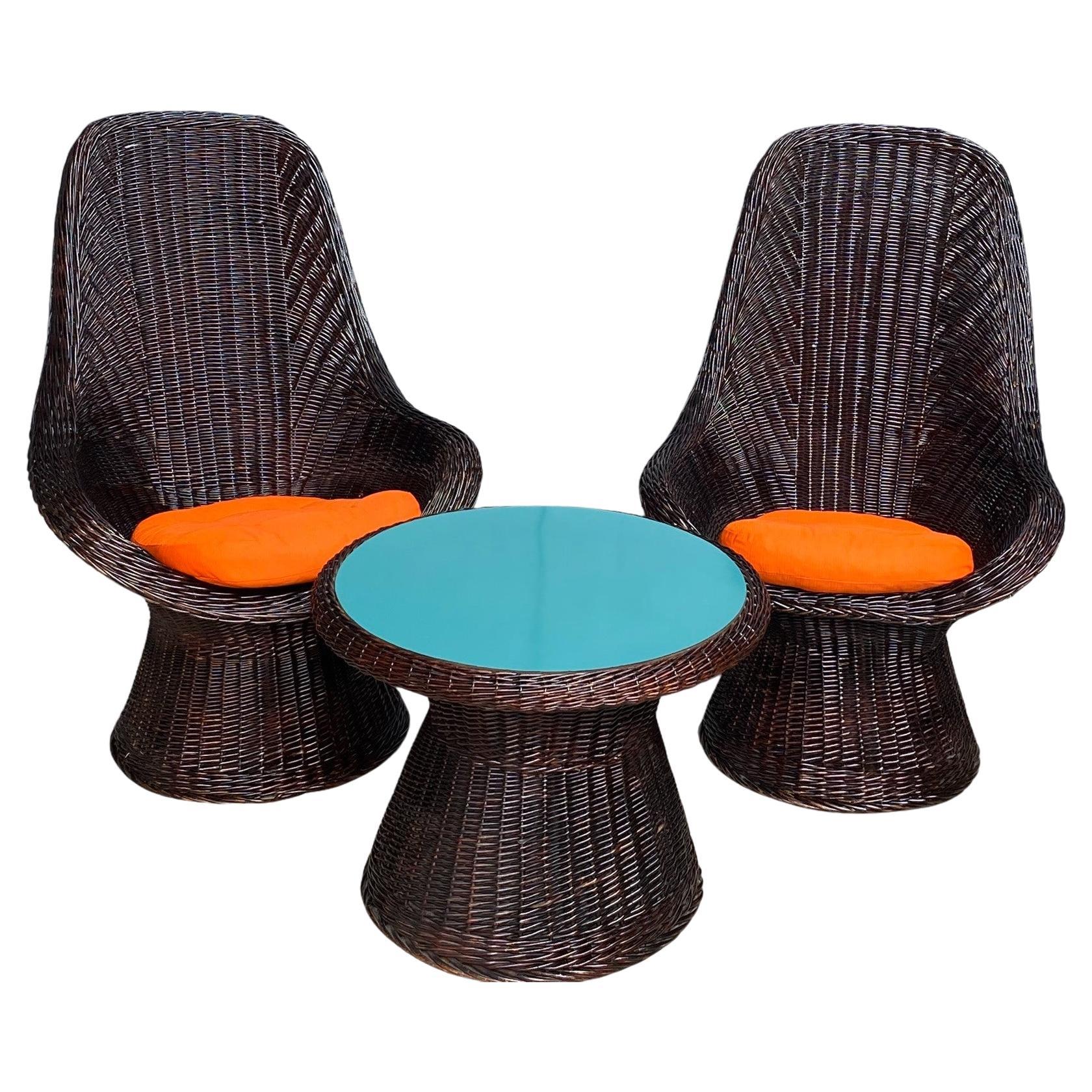 Set of Mid Century Rattan Chairs & Table By Rohe Noordwolde, Holland, 1970s For Sale
