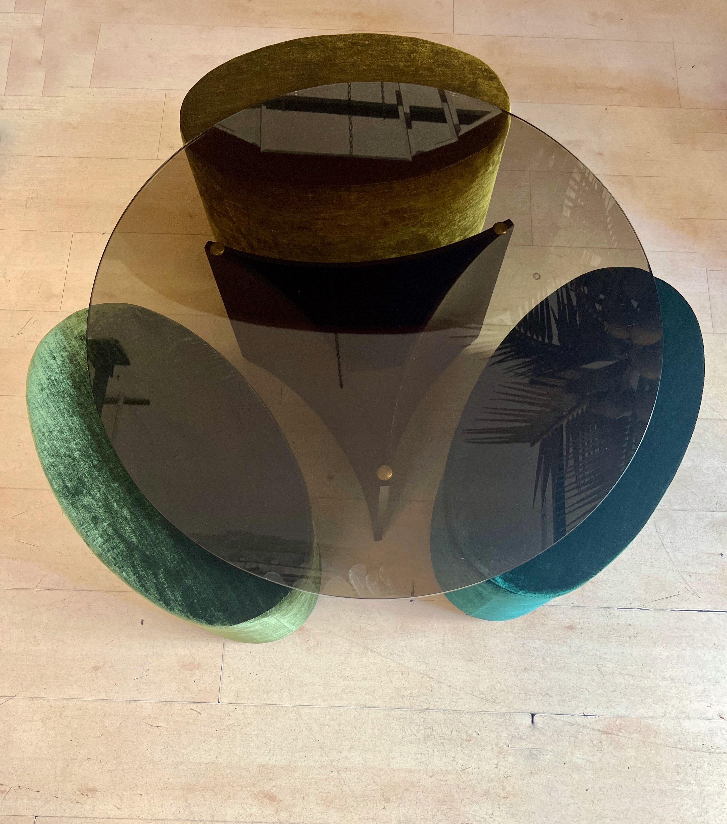 Italian Set of Mid-Century Round Coffee Table and Three Green Velvet Foldaway Poufs