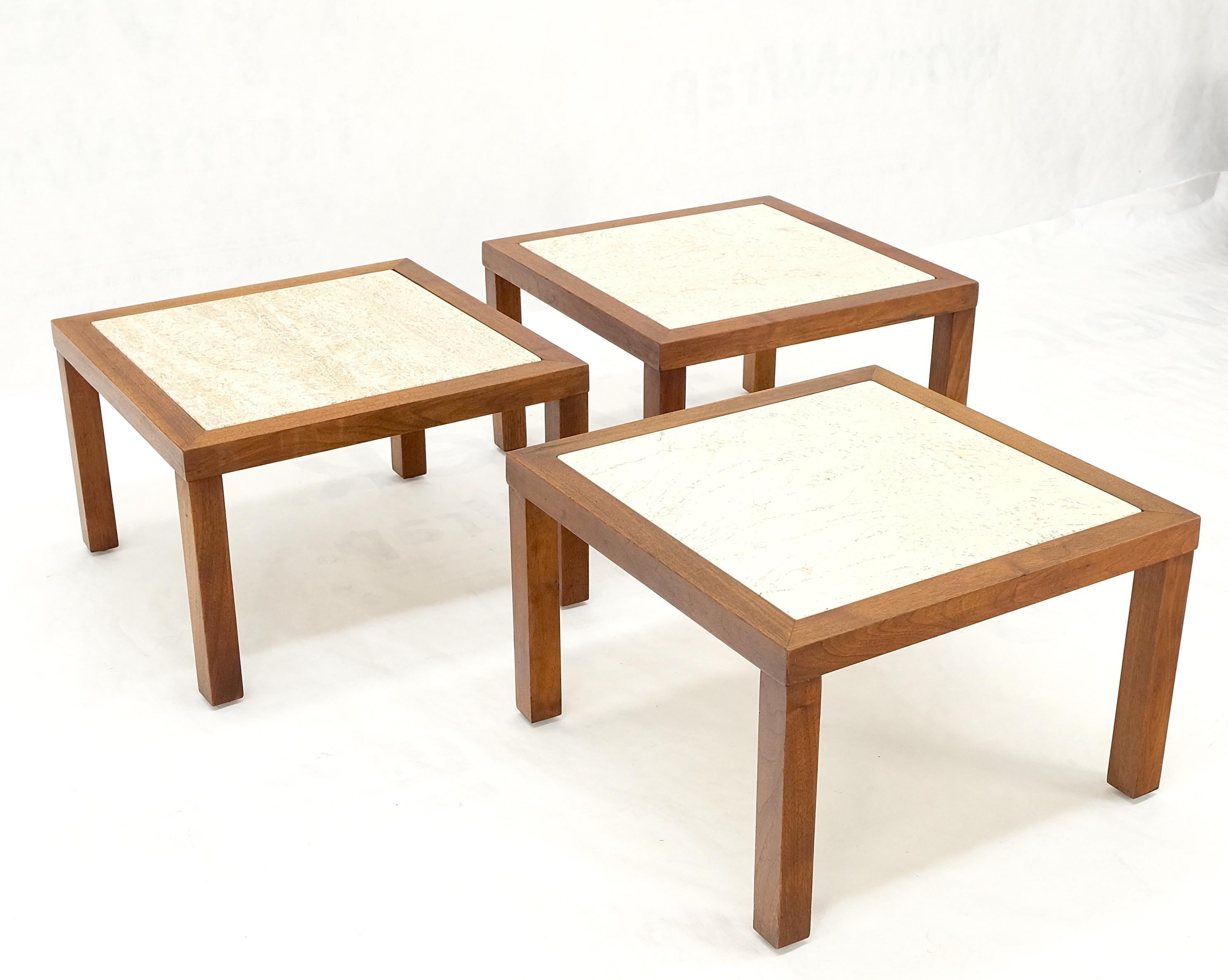Set of Mid Century Solid Walnut Bases Travertine Tops End Side Occasional Tables For Sale 5