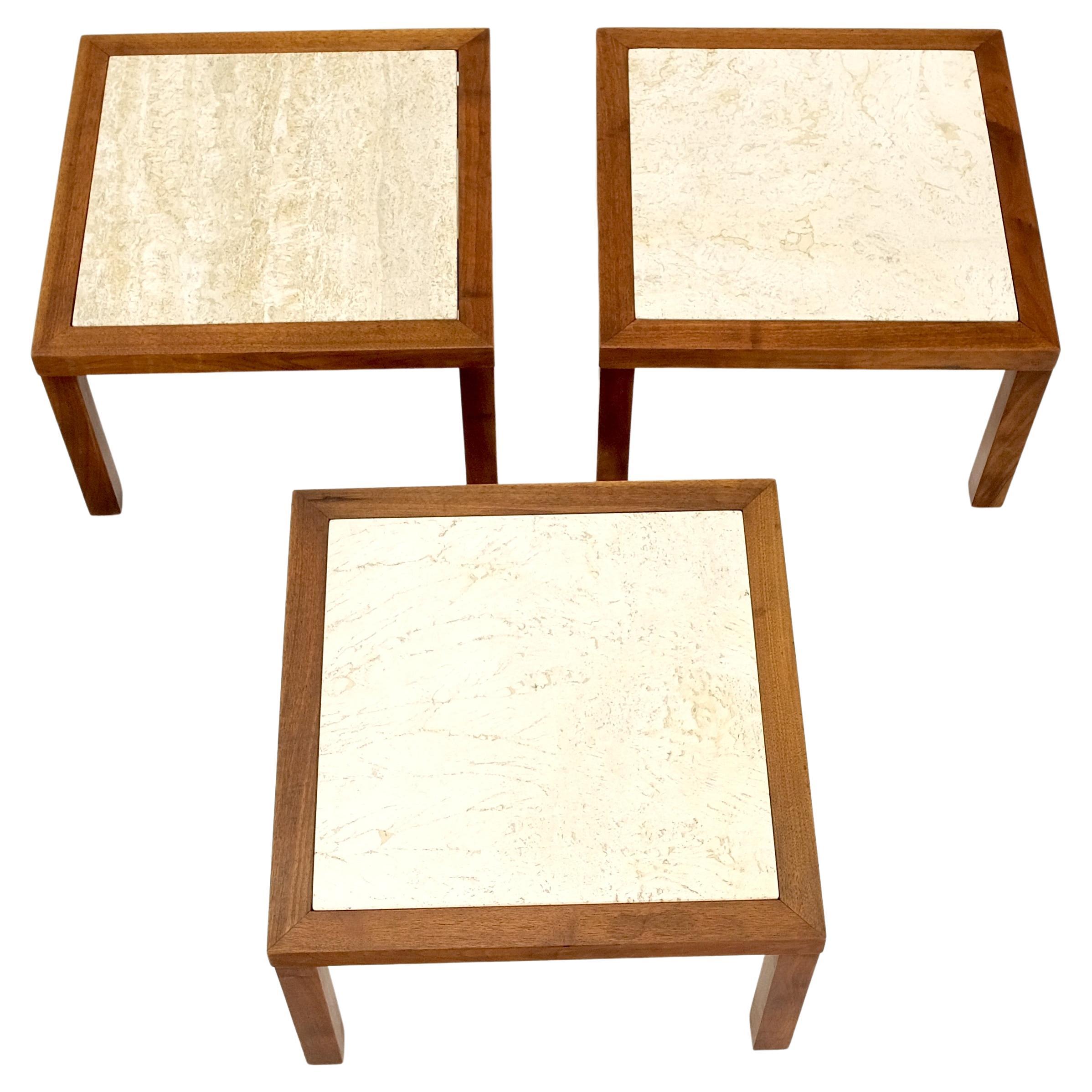 Set of Mid Century Solid Walnut Bases Travertine Tops End Side Occasional Tables For Sale 1