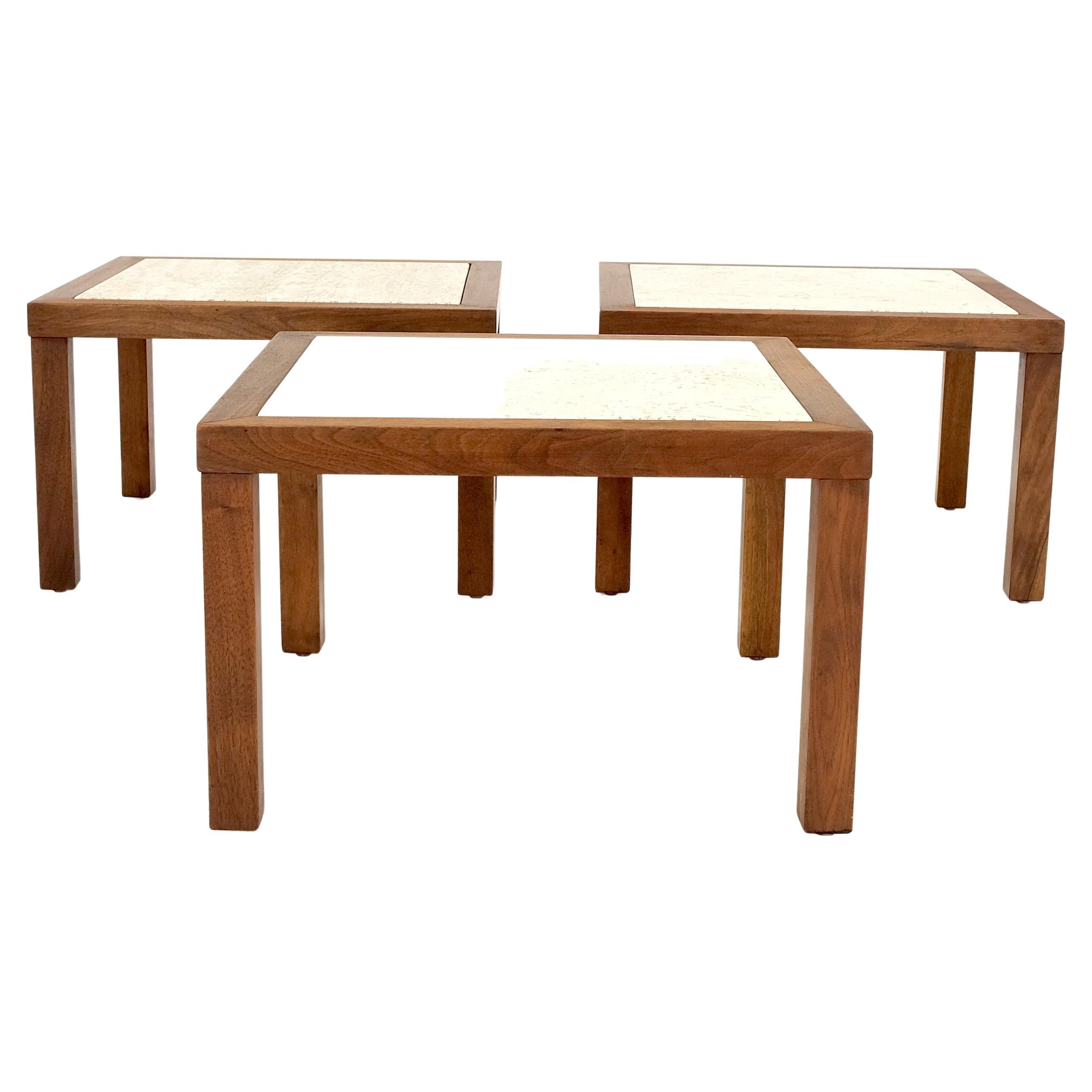 Set of Mid Century Solid Walnut Bases Travertine Tops End Side Occasional Tables For Sale 2