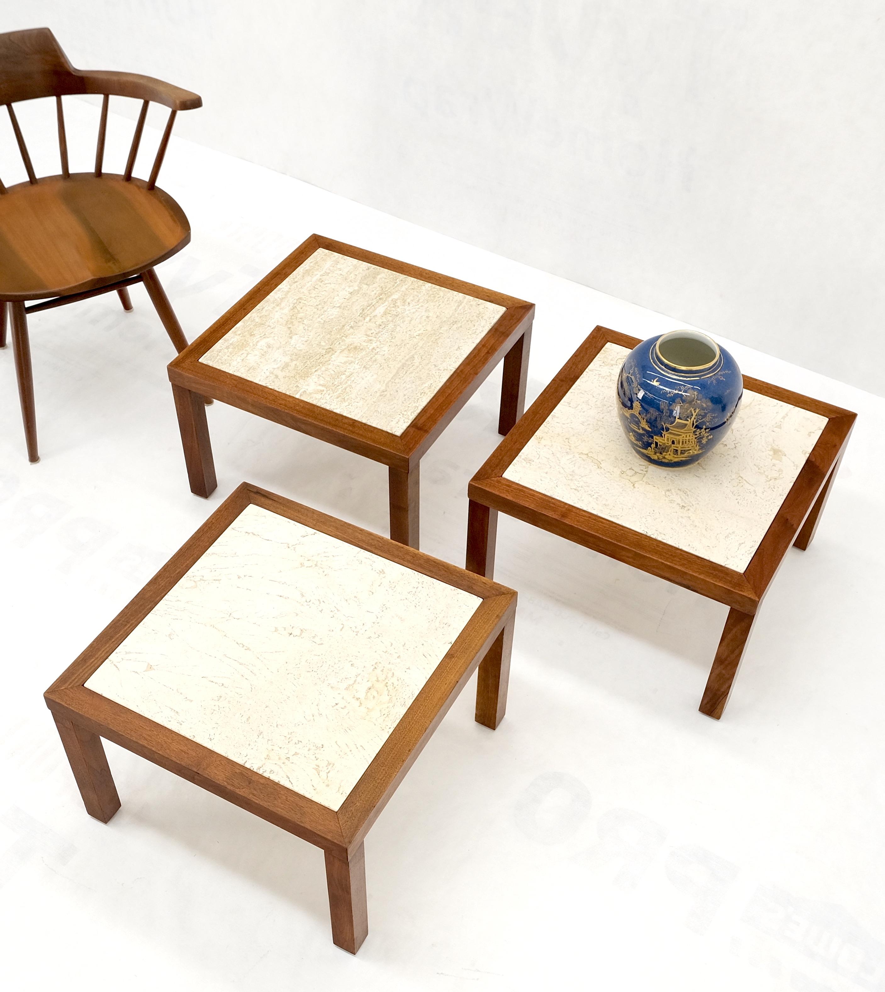 Set of Mid Century Solid Walnut Bases Travertine Tops End Side Occasional Tables For Sale 3