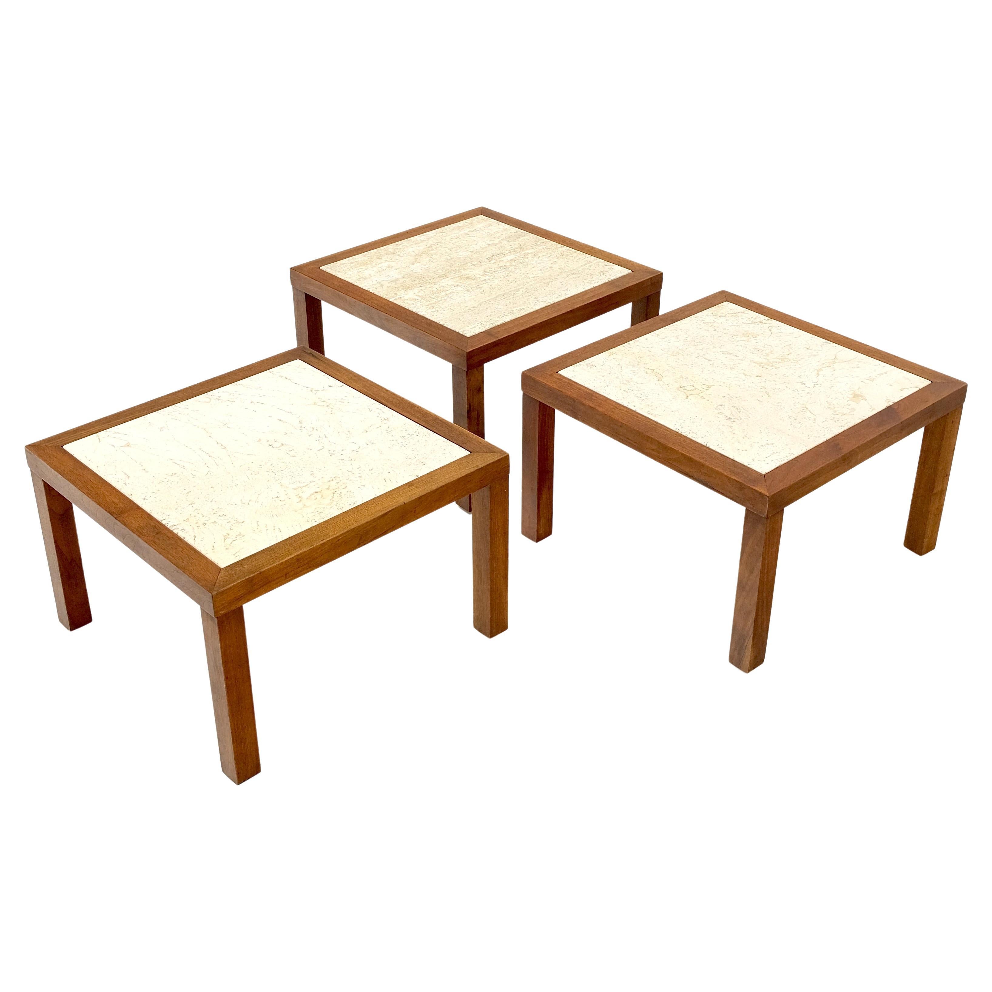 Set of Mid Century Solid Walnut Bases Travertine Tops End Side Occasional Tables For Sale