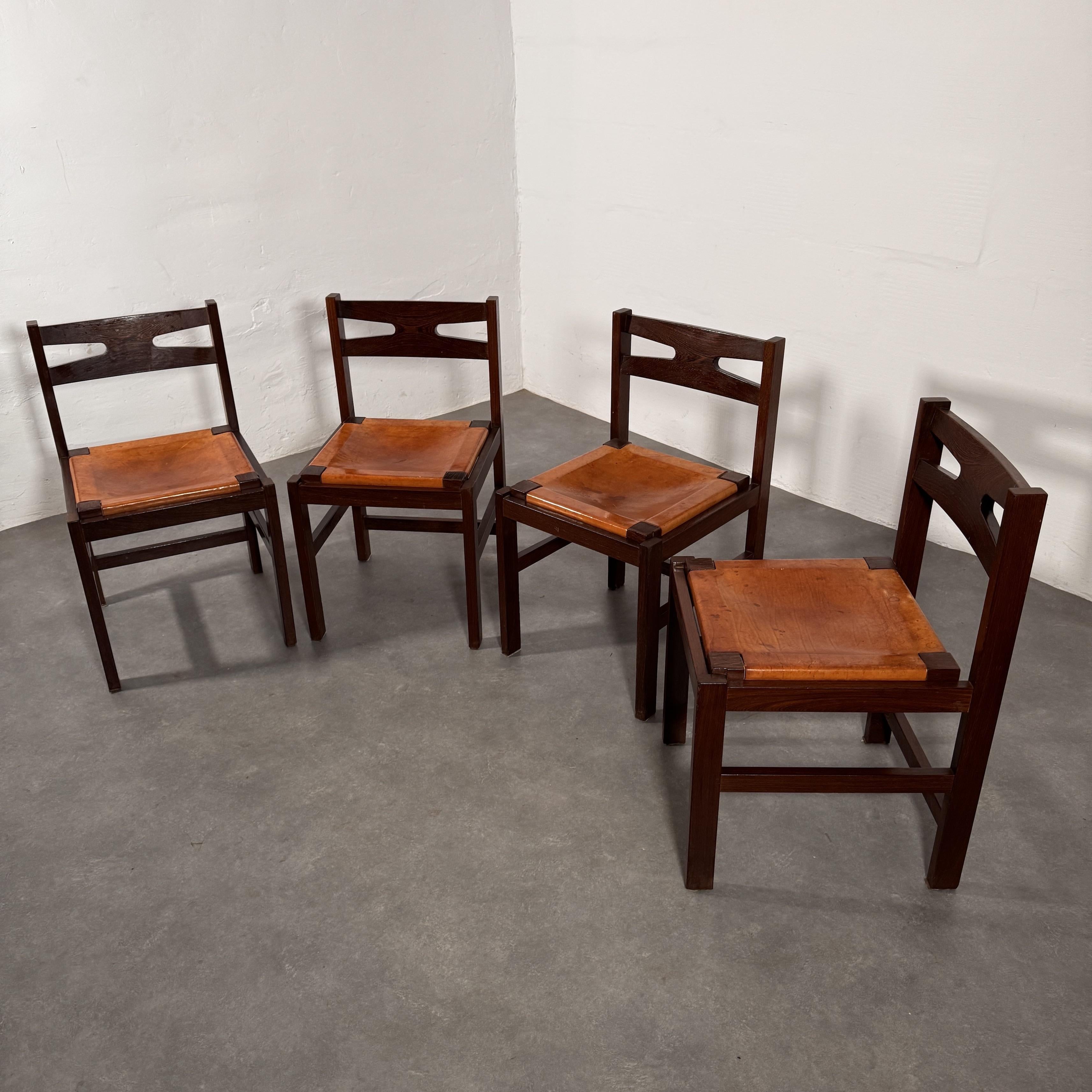 Set of Mid-Century solid Wengé chairs with Cognac saddle leather seats, 1960's 4