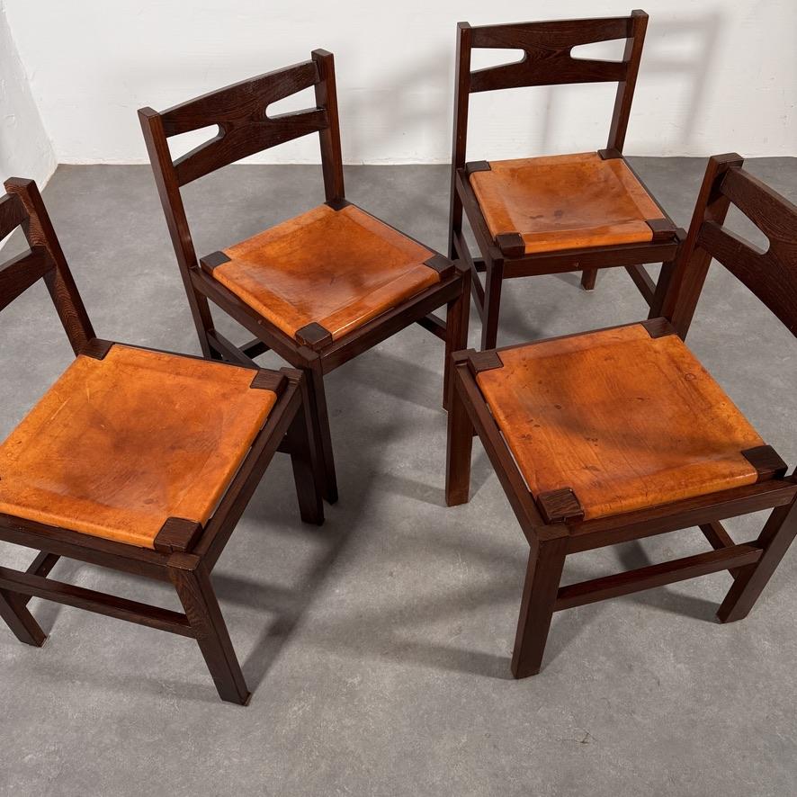 Mid-Century Modern Set of Mid-Century solid Wengé chairs with Cognac saddle leather seats, 1960's