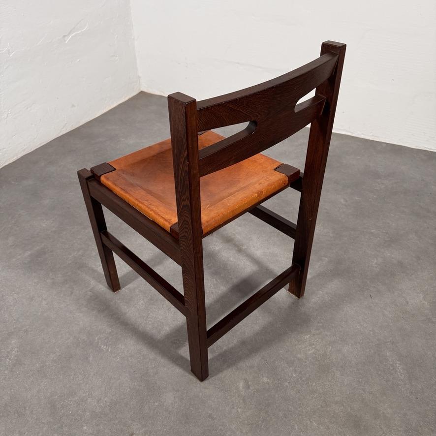 Leather Set of Mid-Century solid Wengé chairs with Cognac saddle leather seats, 1960's