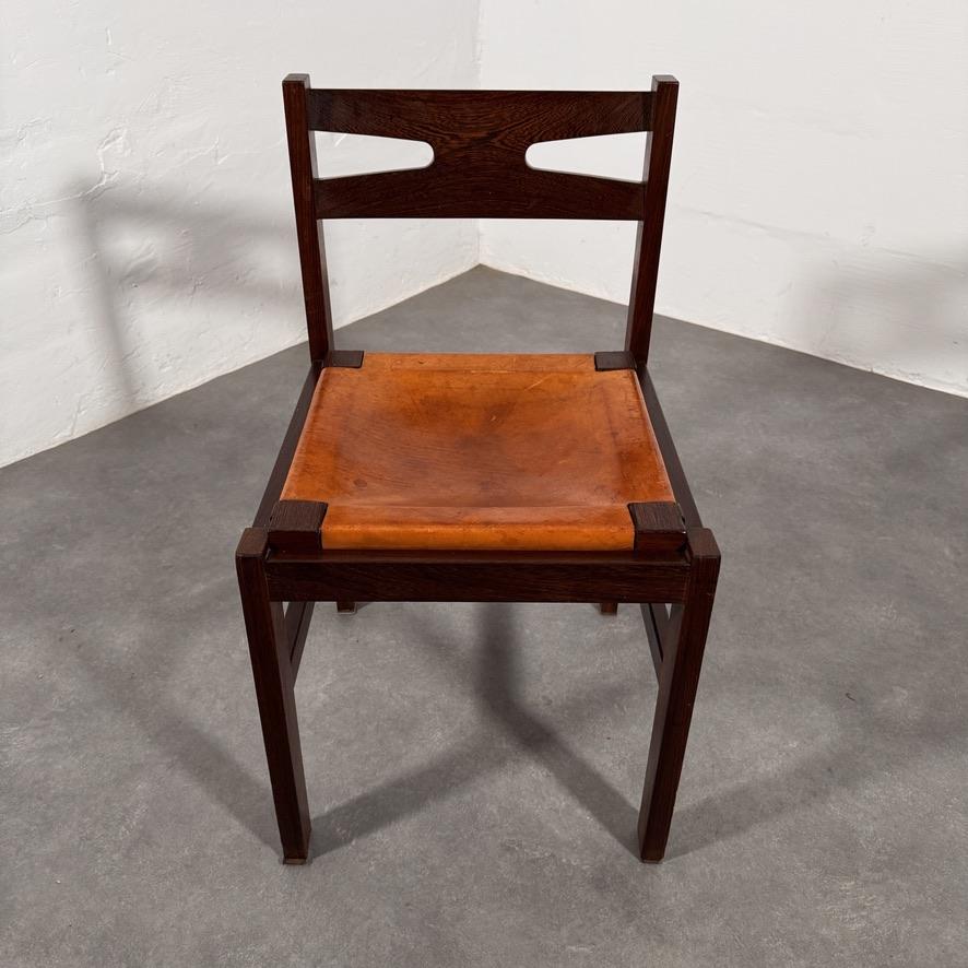 Set of Mid-Century solid Wengé chairs with Cognac saddle leather seats, 1960's 2