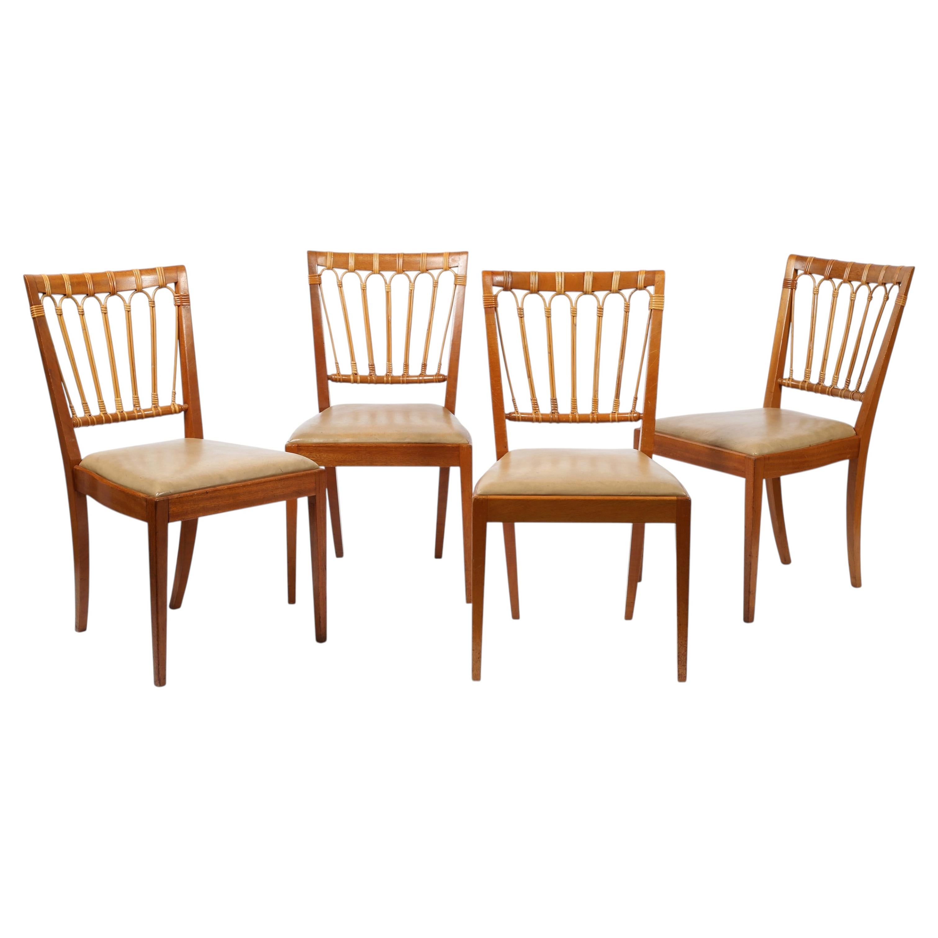 Set of Mid Century Swedish Josef Frank Rattan Dining Chairs For Sale