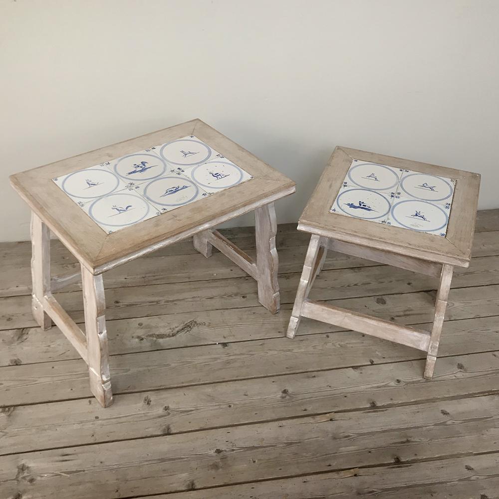 Rustic Set of Midcentury Antique with 18th Century Delft Tile Nesting Tables