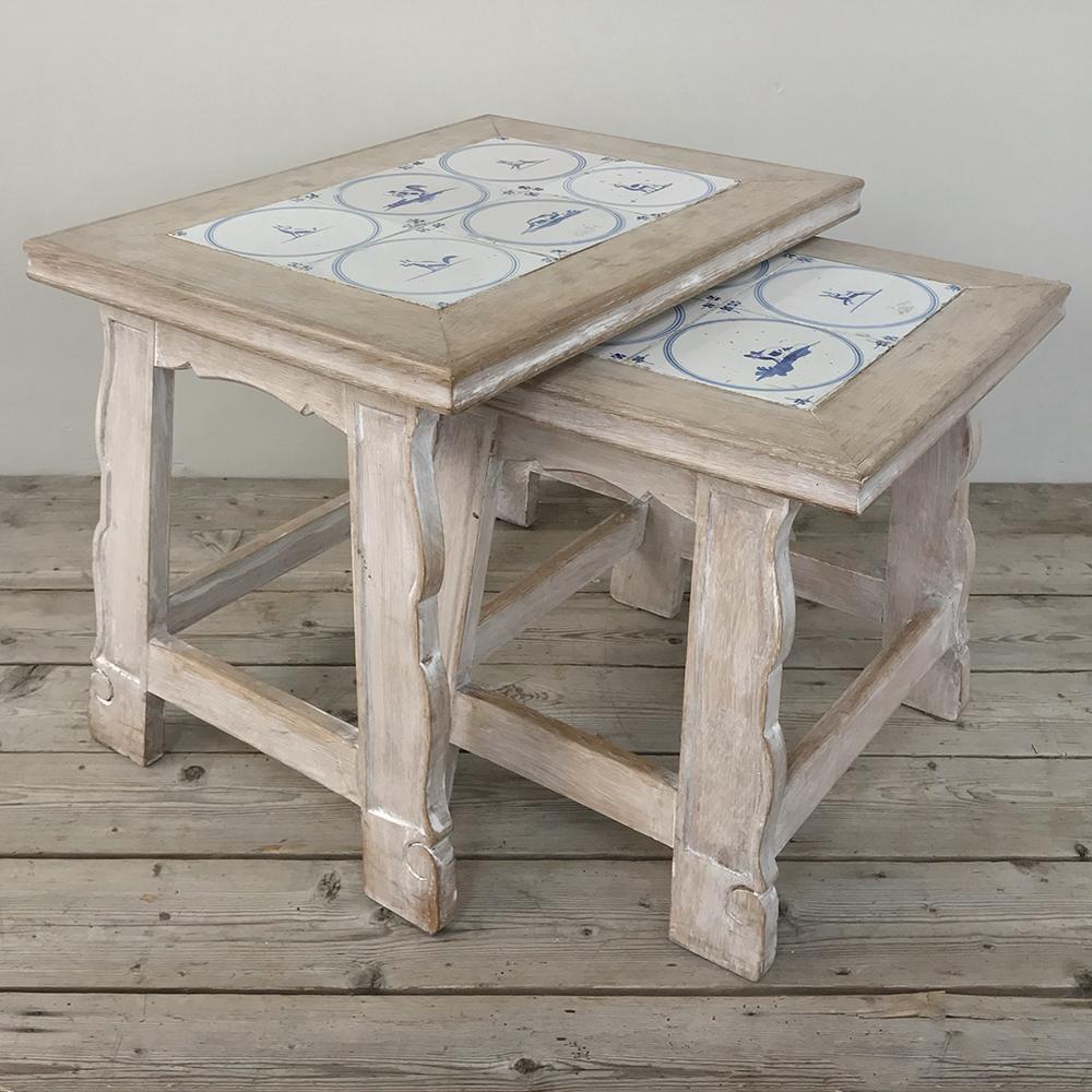 Hand-Crafted Set of Midcentury Antique with 18th Century Delft Tile Nesting Tables