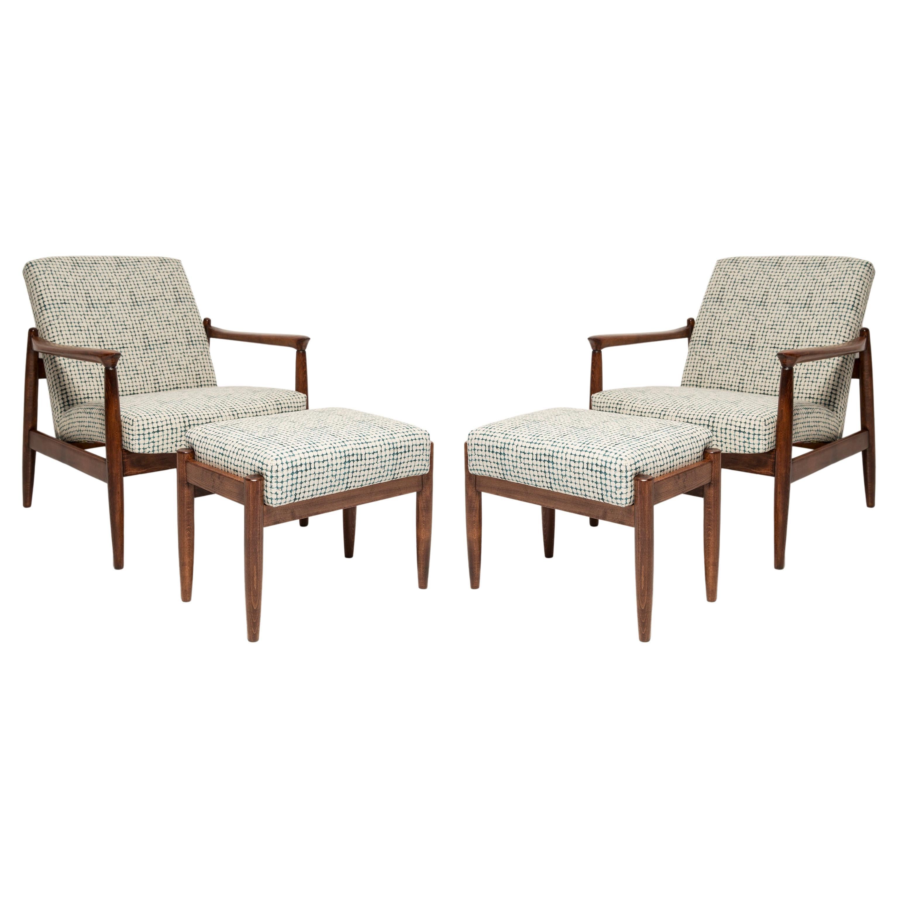 Set of Mid Century White and Aqua Armchairs and Stools, Edmund Homa, Europe, 1960s For Sale