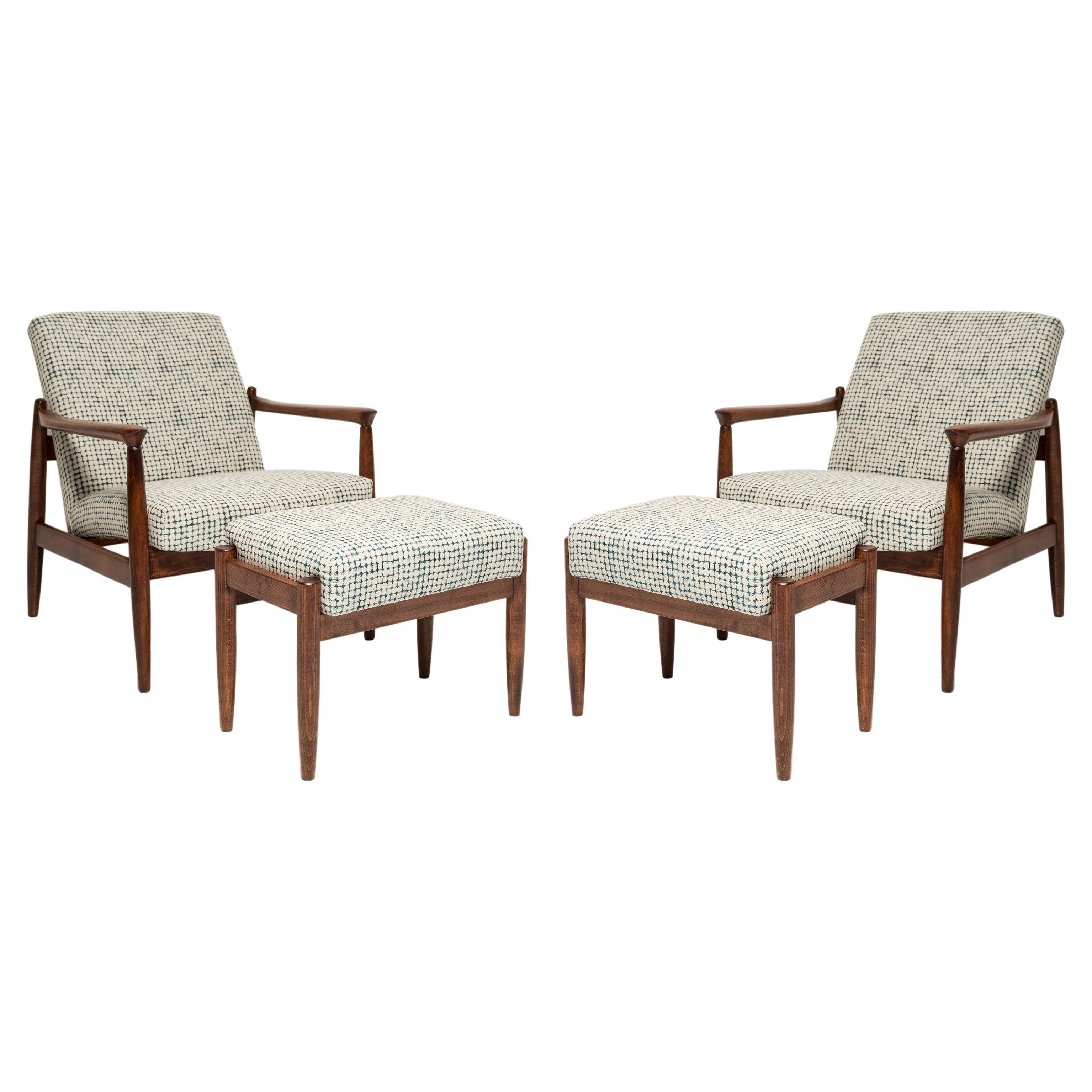 Set of Mid Century White and Aqua Armchairs and Stools, Edmund Homa, Europe, 1960s For Sale