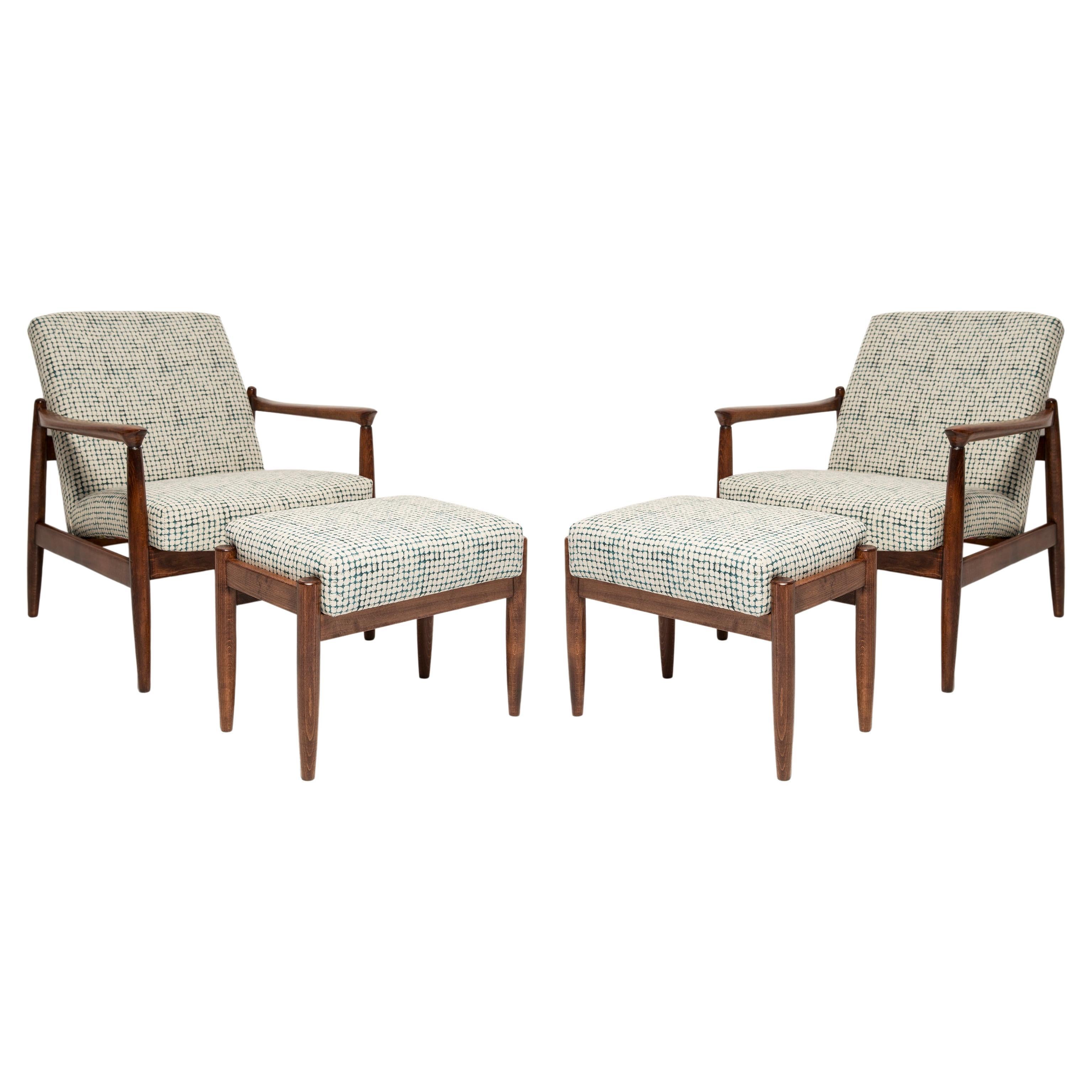 Set of Mid Century White and Aqua Armchairs and Stools, Edmund Homa, Europe, 1960s