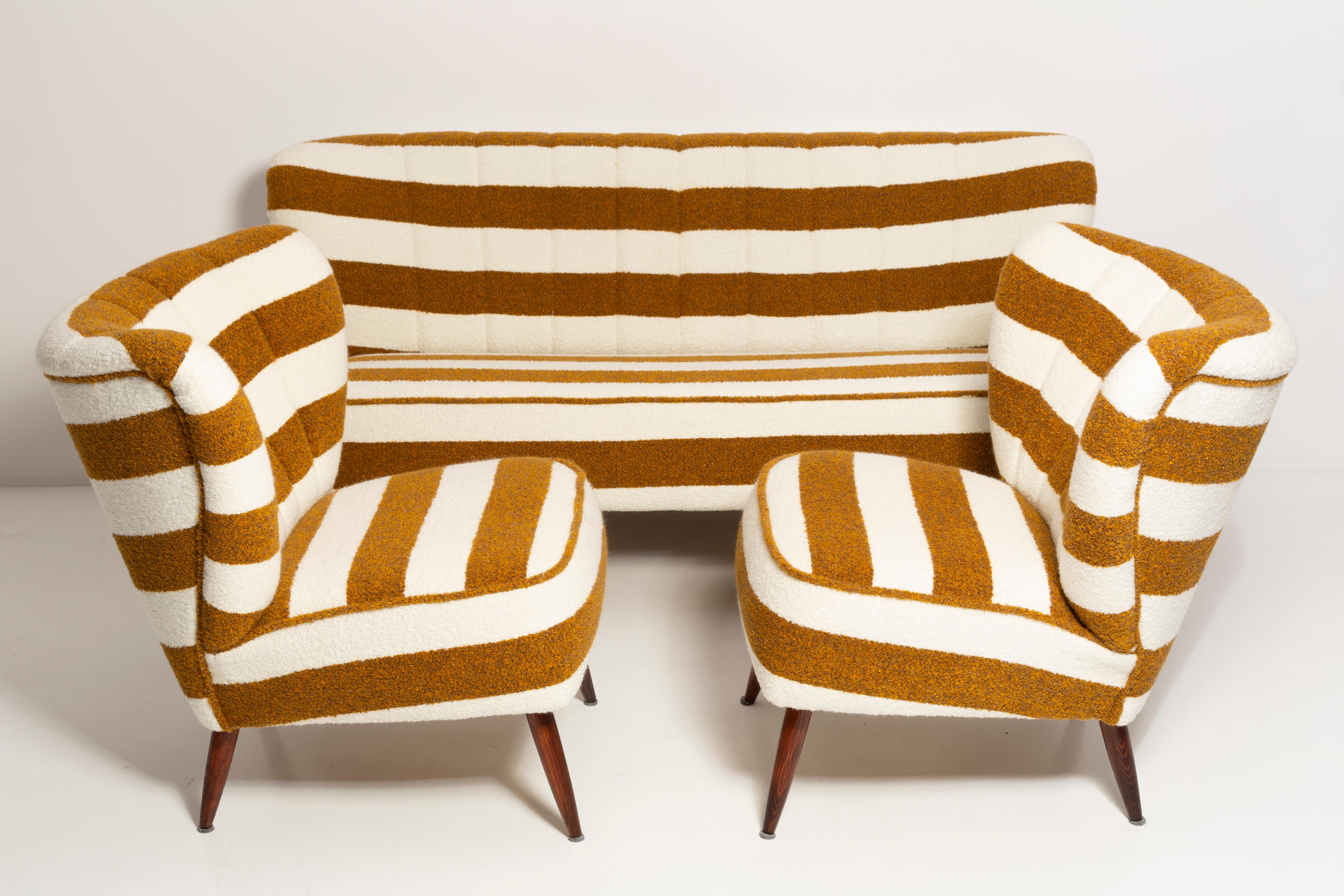 Hand-Crafted Set of Mid Century White and Mustard Boucle Sofa and Armchairs, Europe, 1960s For Sale