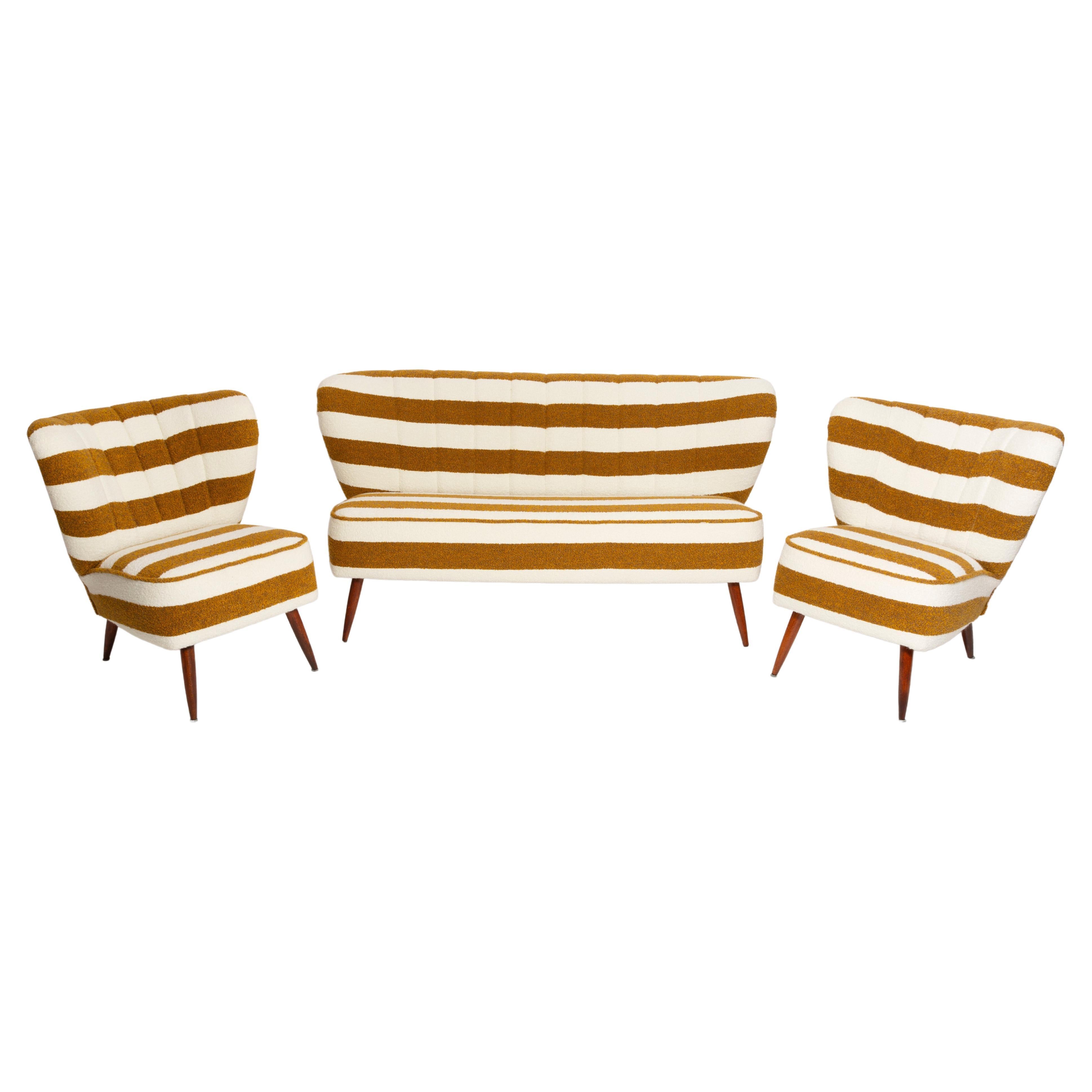 Set of Mid Century White and Mustard Boucle Sofa and Armchairs, Europe, 1960s For Sale