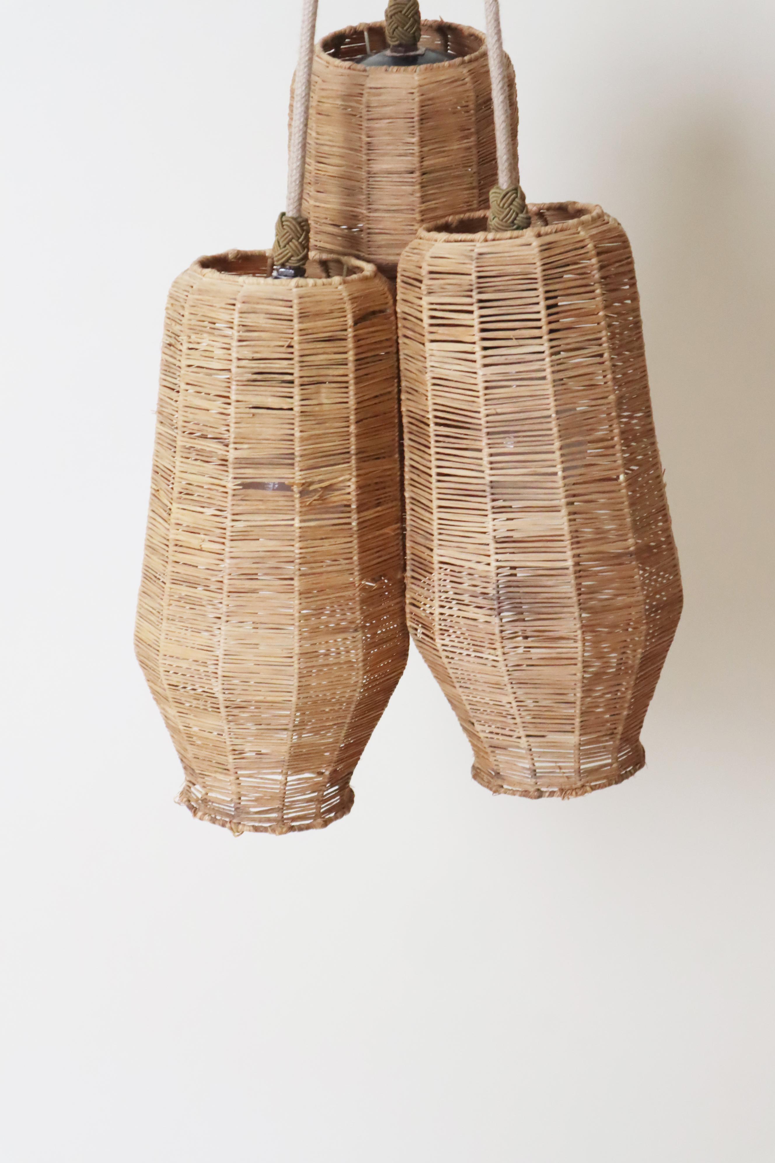 Mid-20th Century Set of Mid-eCntury Modern Straw Pendant Lights From the 1950s For Sale