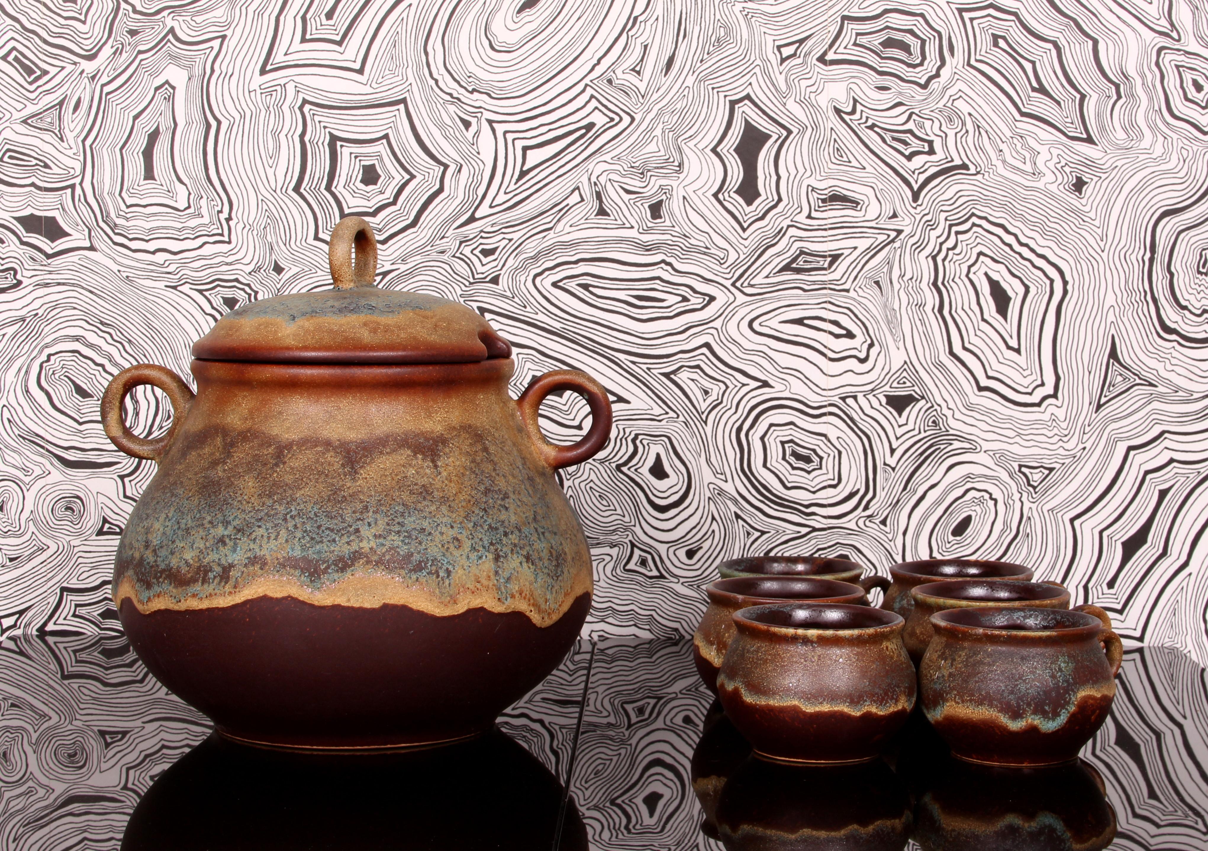 SET di Punch Bowle artistici di metà secolo + 6 tazze Finlandia ceramica d'arte in vendita 10