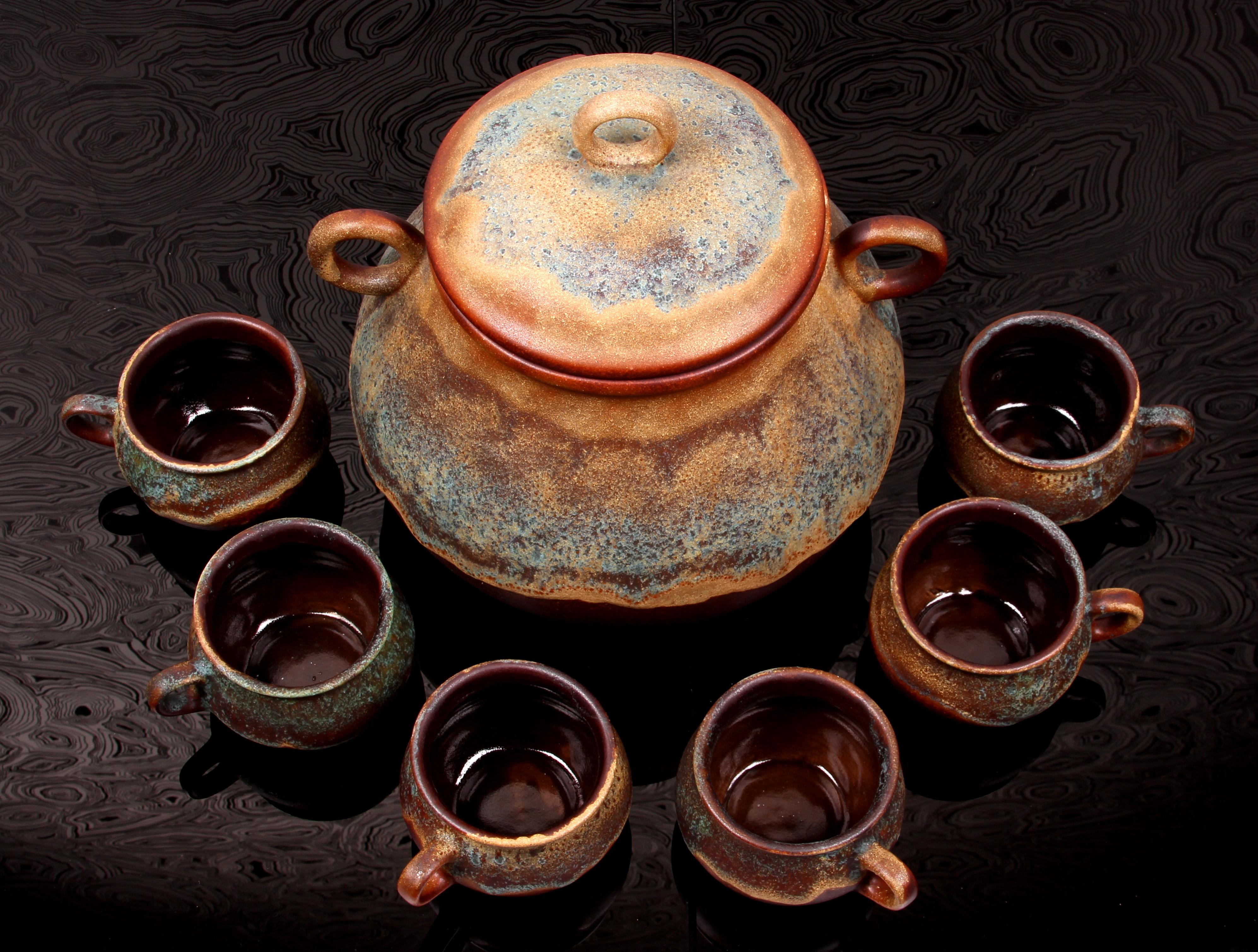 Terracotta SET di Punch Bowle artistici di metà secolo + 6 tazze Finlandia ceramica d'arte in vendita