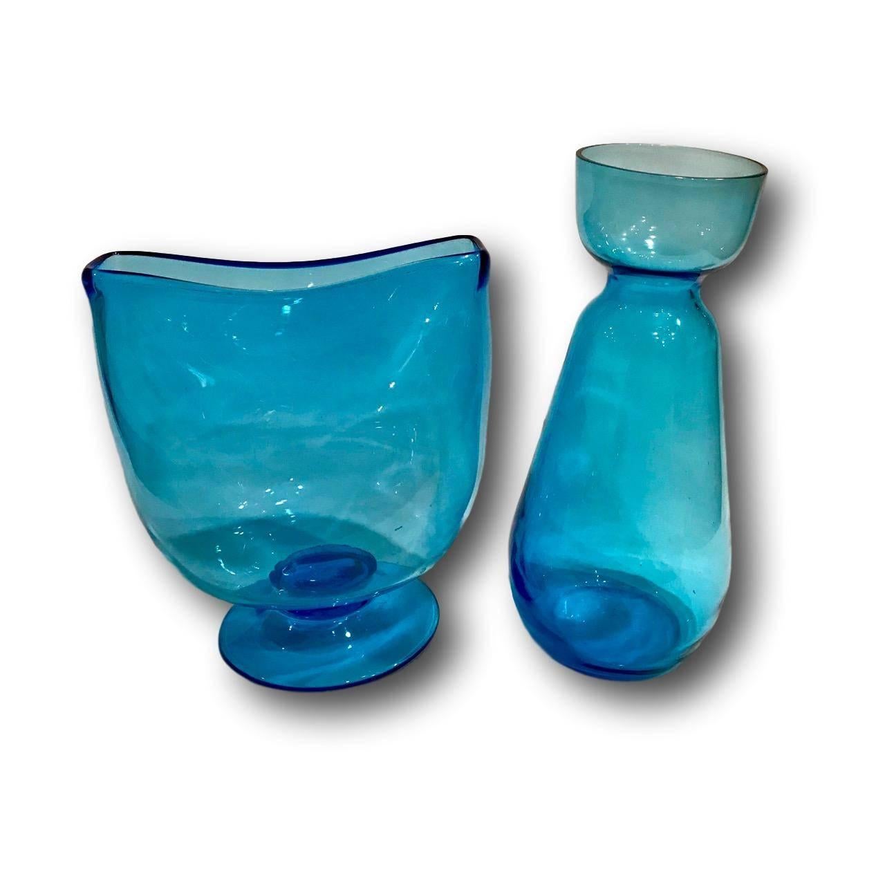 Italian Set of Midcentury Blue Murano Vases and Decanter, Sold as Set For Sale