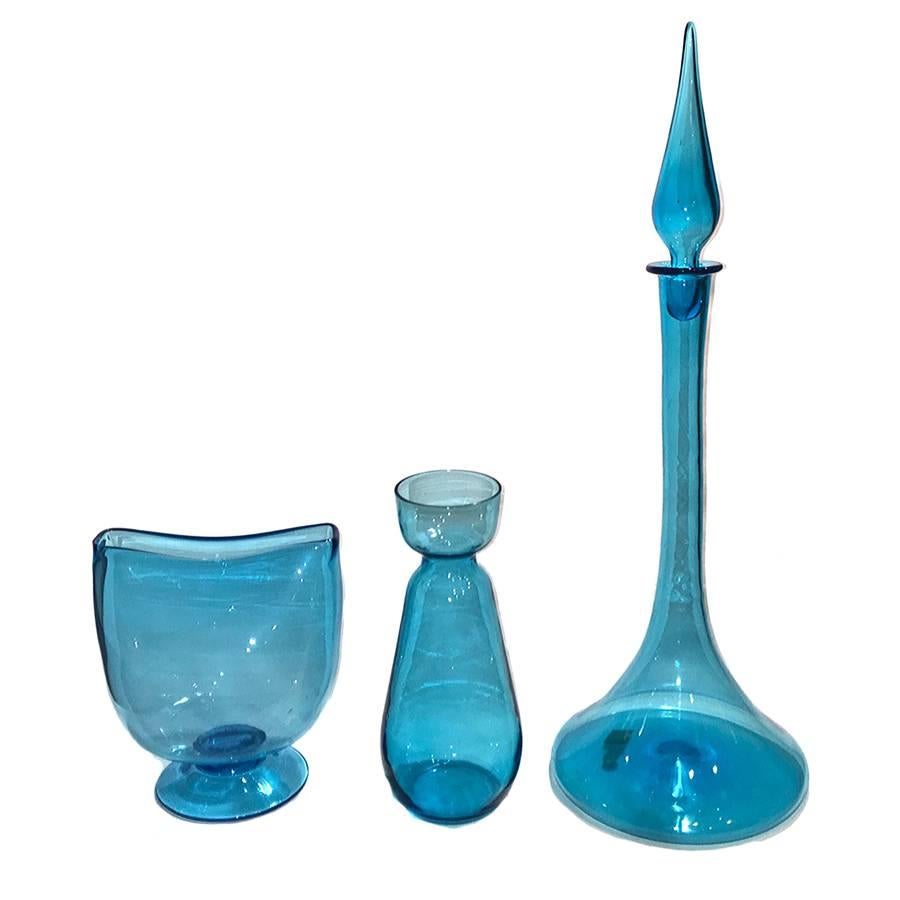 Set of Midcentury Blue Murano Vases and Decanter, Sold as Set For Sale