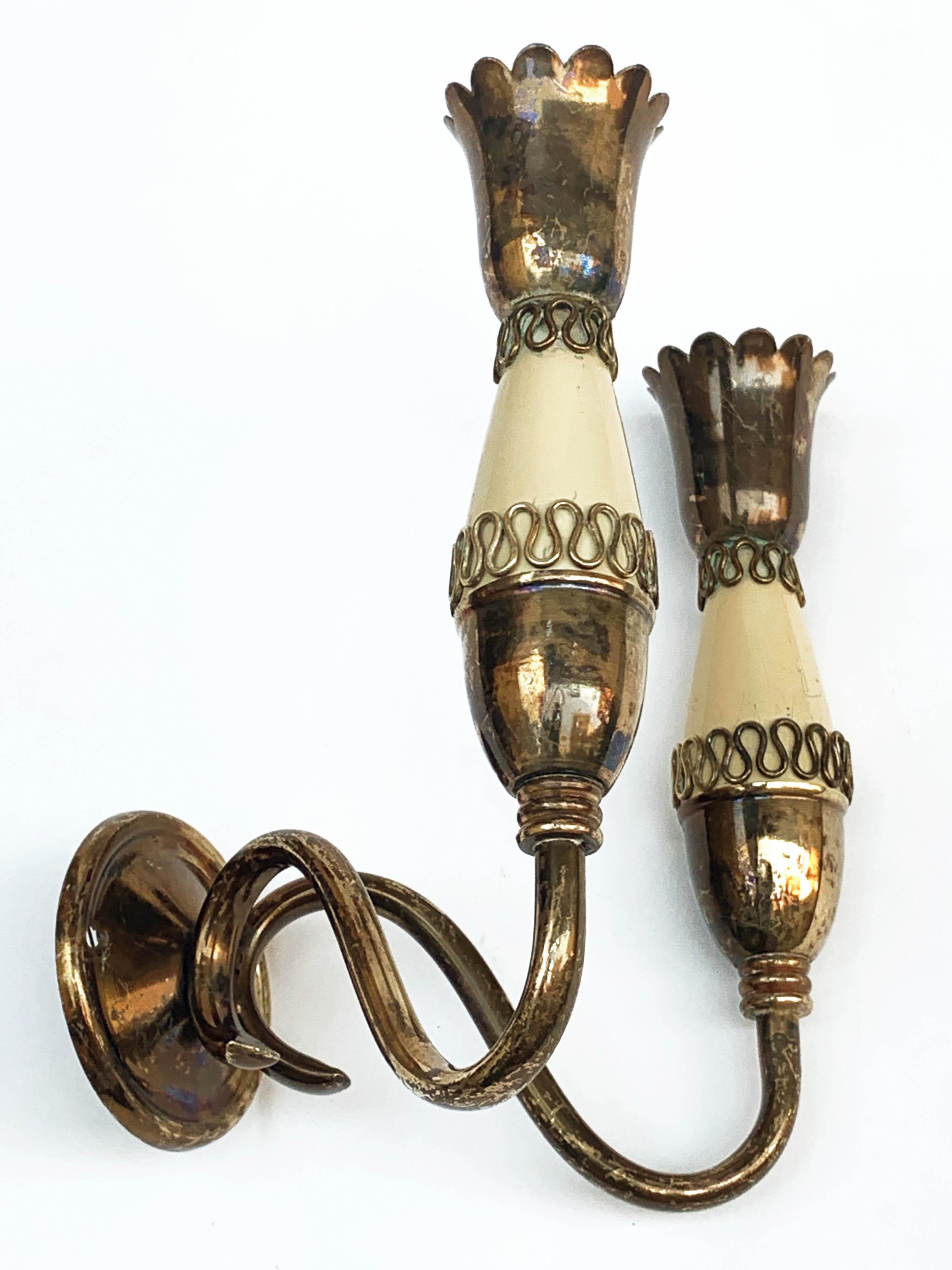Set of Midcentury Brass and Enamel Metal Italian Sconces, Gio Ponti Style 1950s 4