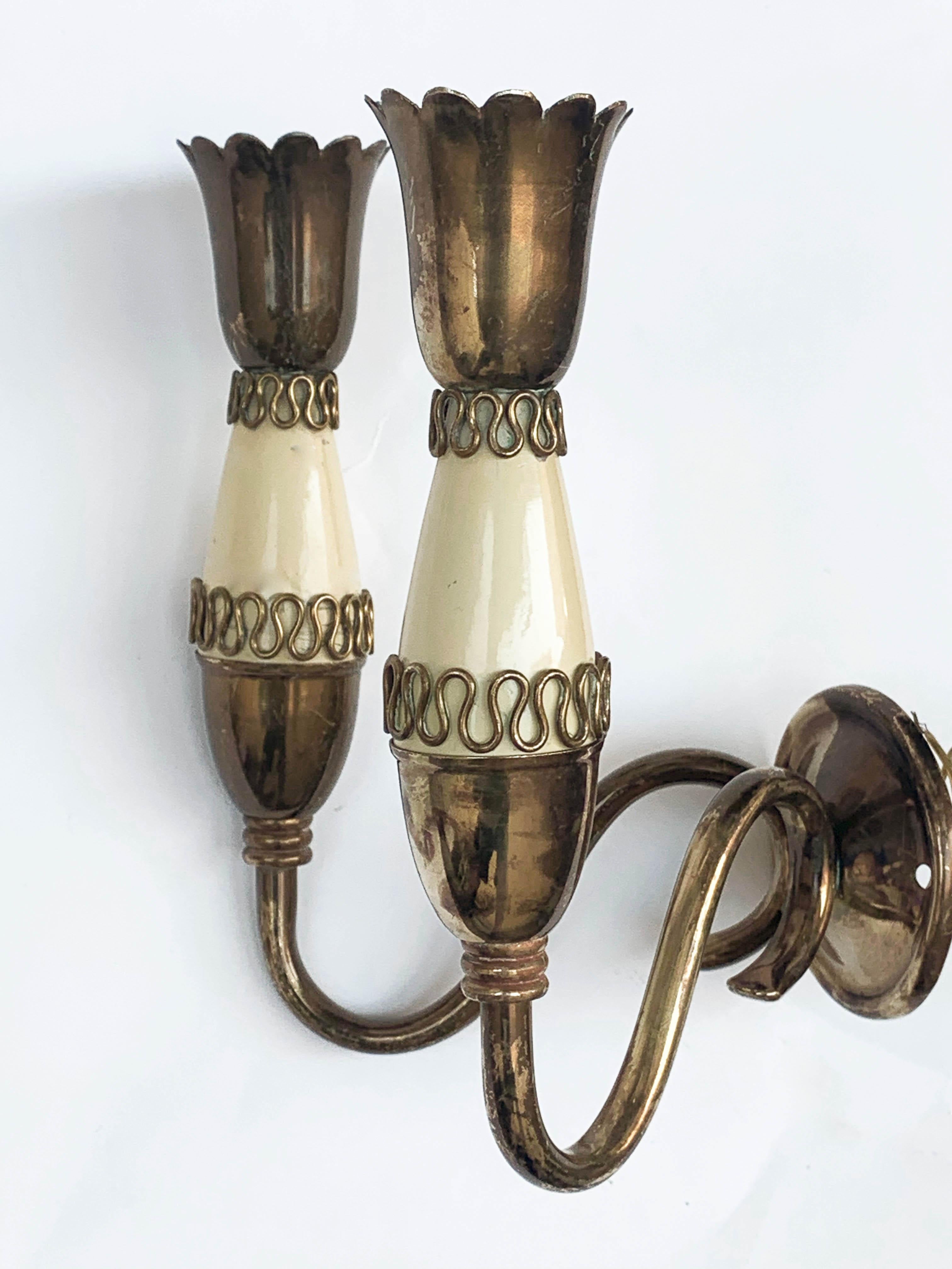 Enameled Set of Midcentury Brass and Enamel Metal Italian Sconces, Gio Ponti Style 1950s