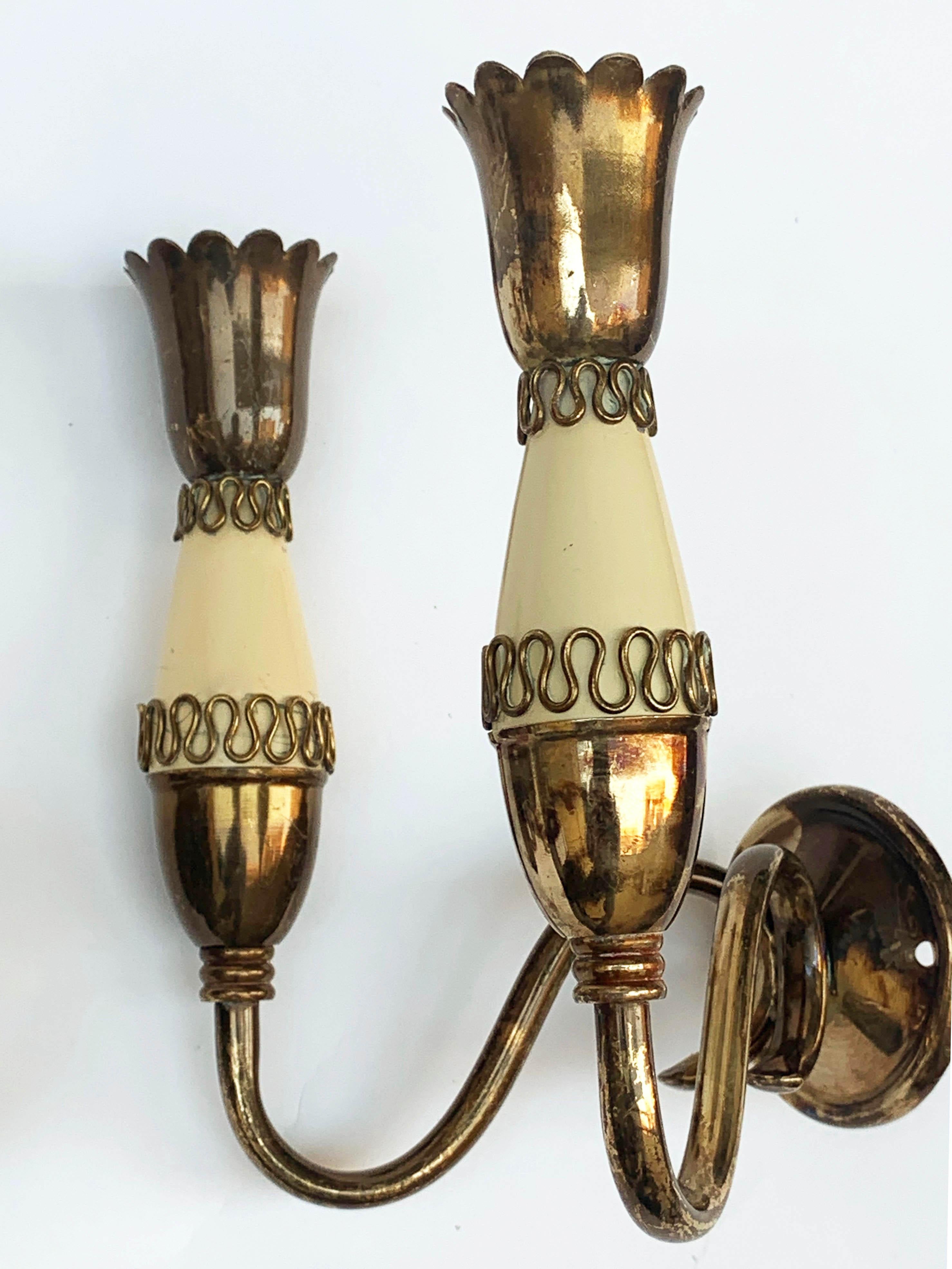 Mid-20th Century Set of Midcentury Brass and Enamel Metal Italian Sconces, Gio Ponti Style 1950s