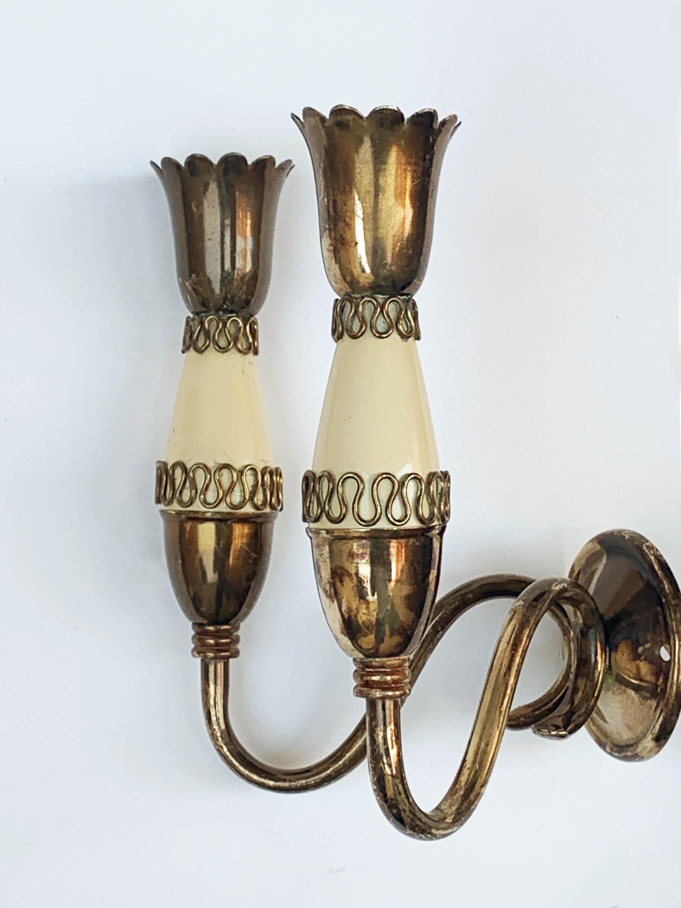 Set of Midcentury Brass and Enamel Metal Italian Sconces, Gio Ponti Style 1950s 1