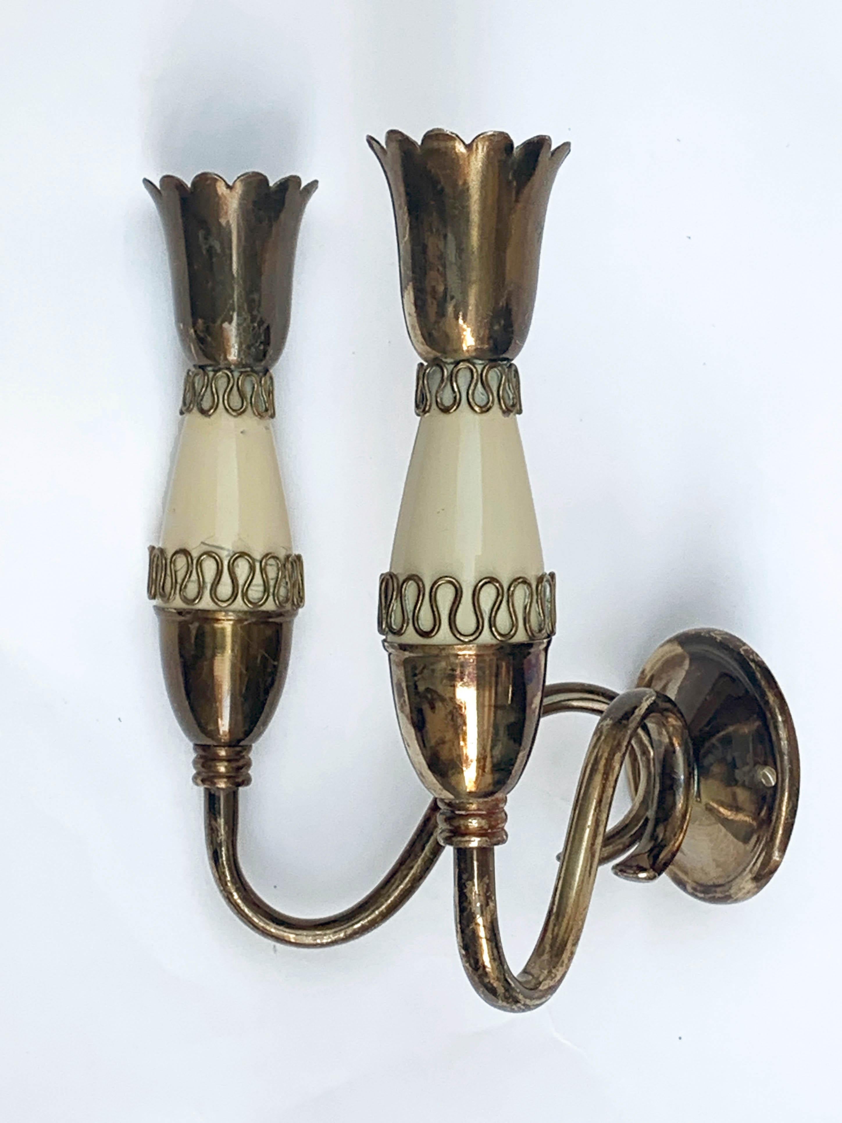 Set of Midcentury Brass and Enamel Metal Italian Sconces, Gio Ponti Style 1950s 2