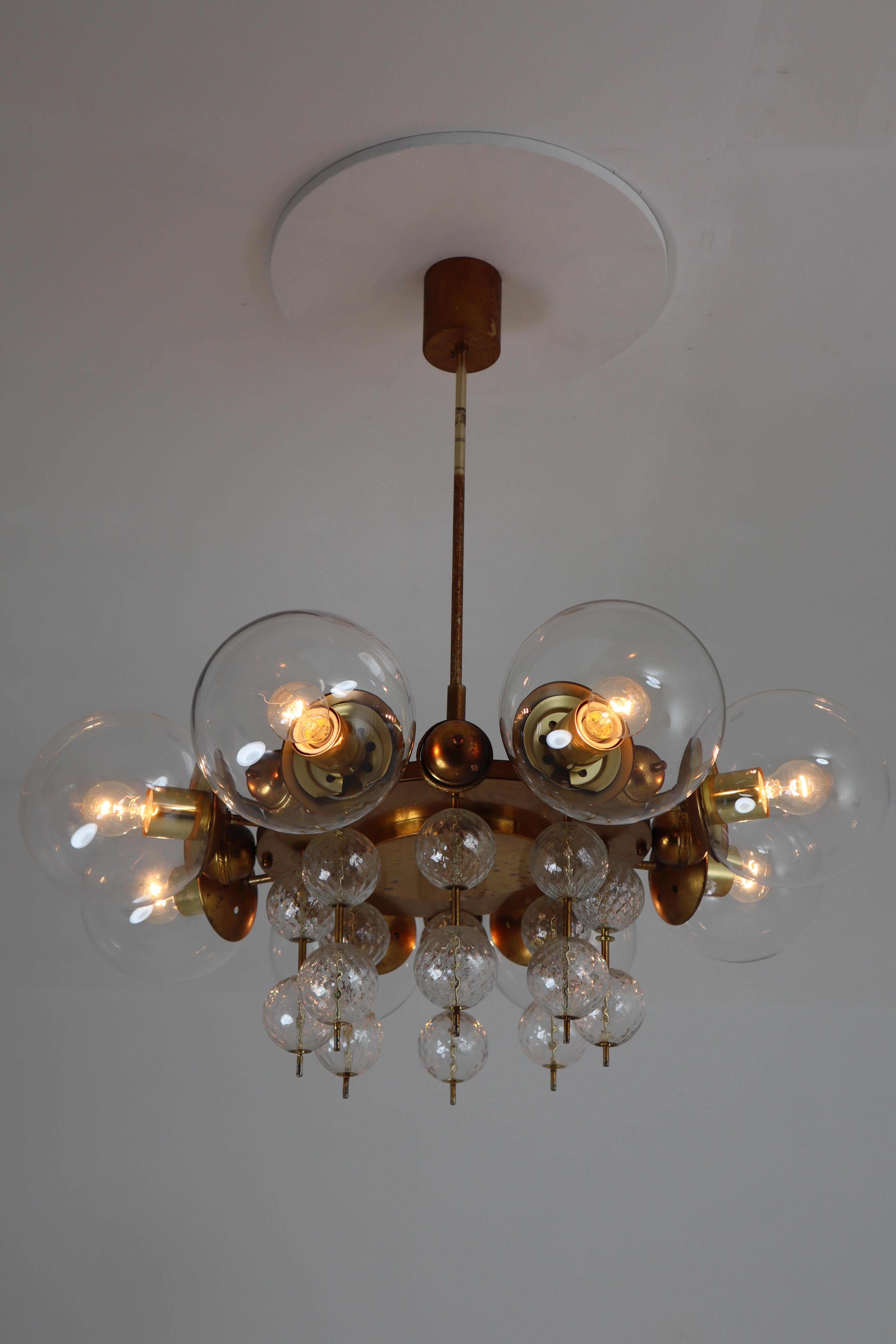 European Midcentury Chandelier with Patinated Brass Fixture, Europe, 1950s