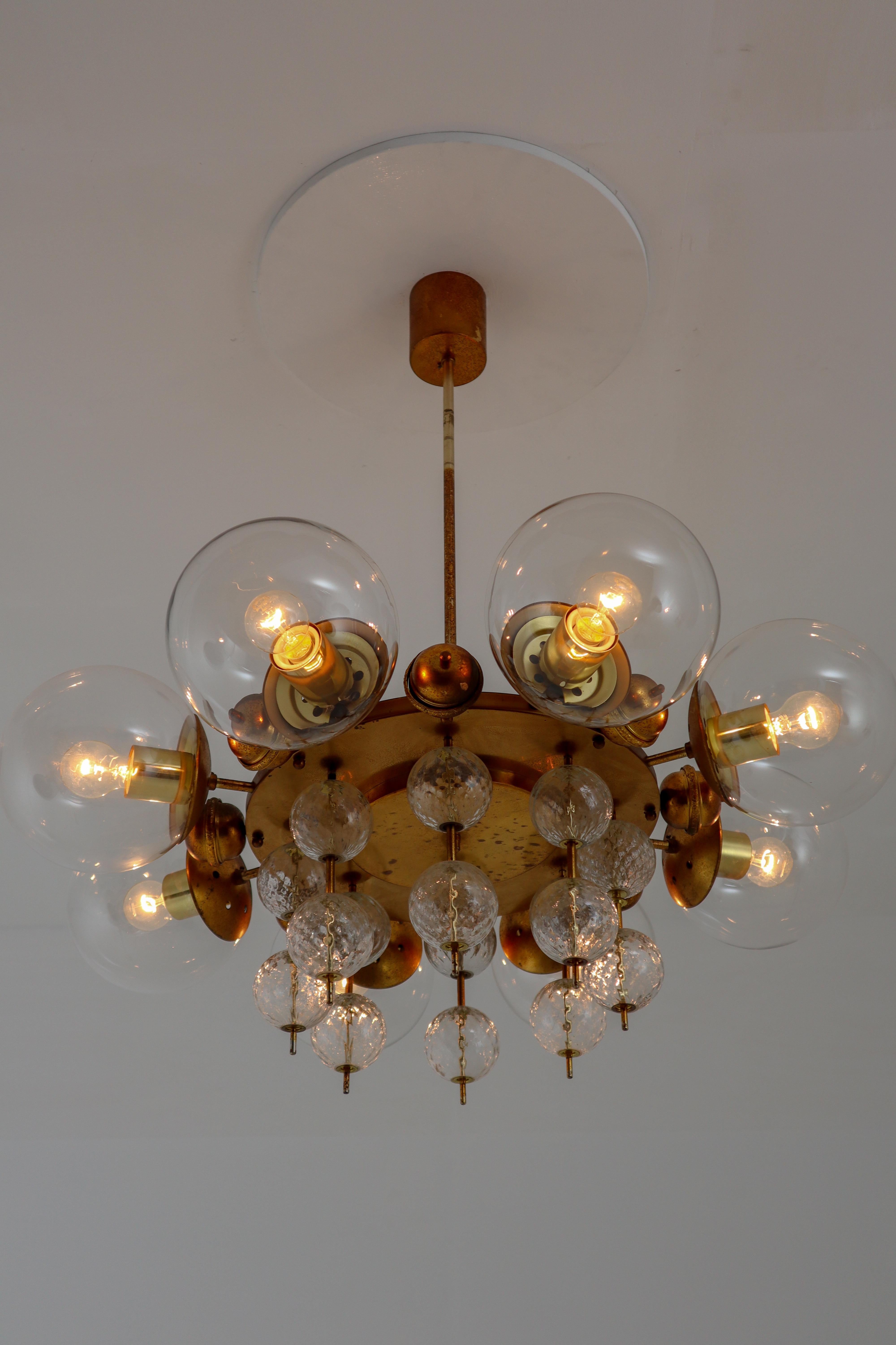 Midcentury Chandelier with Patinated Brass Fixture, Europe, 1950s In Good Condition In Almelo, NL