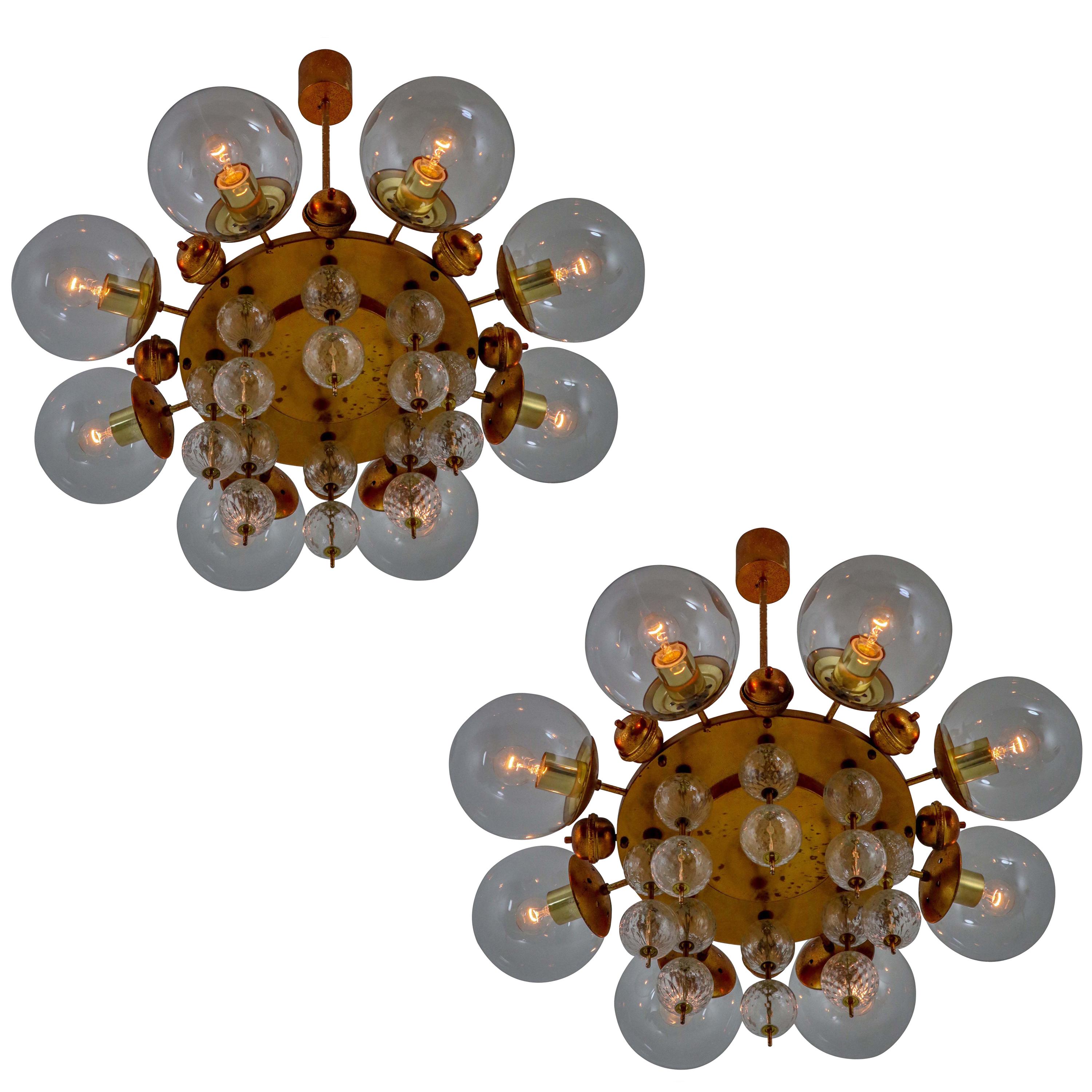 Midcentury Chandelier with Patinated Brass Fixture, Europe, 1950s