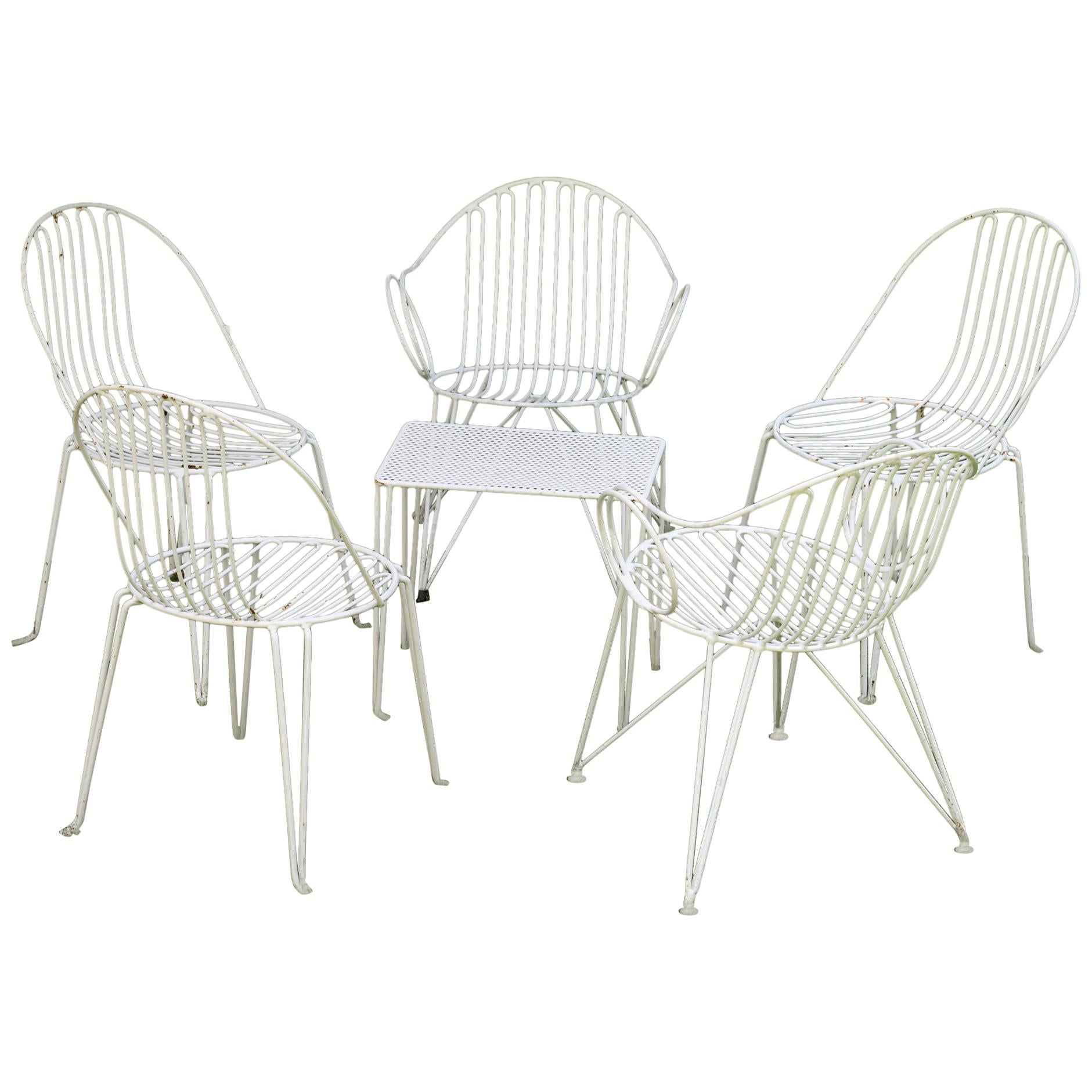 Set of Midcentury Garden Chairs and Table, Iron, White Painted, German For Sale
