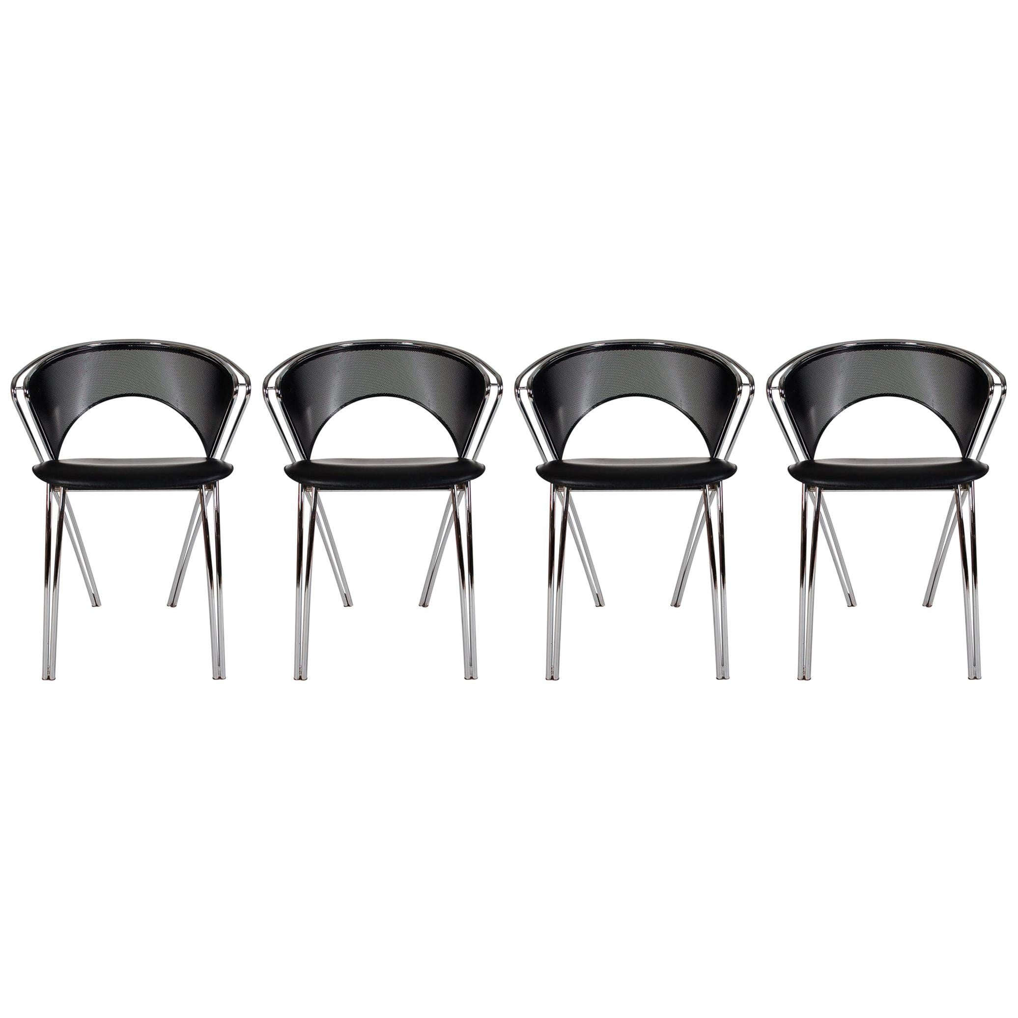 Set of Midcentury Italian Postmodern Black and Chrome Mesh Dining Chairs Set