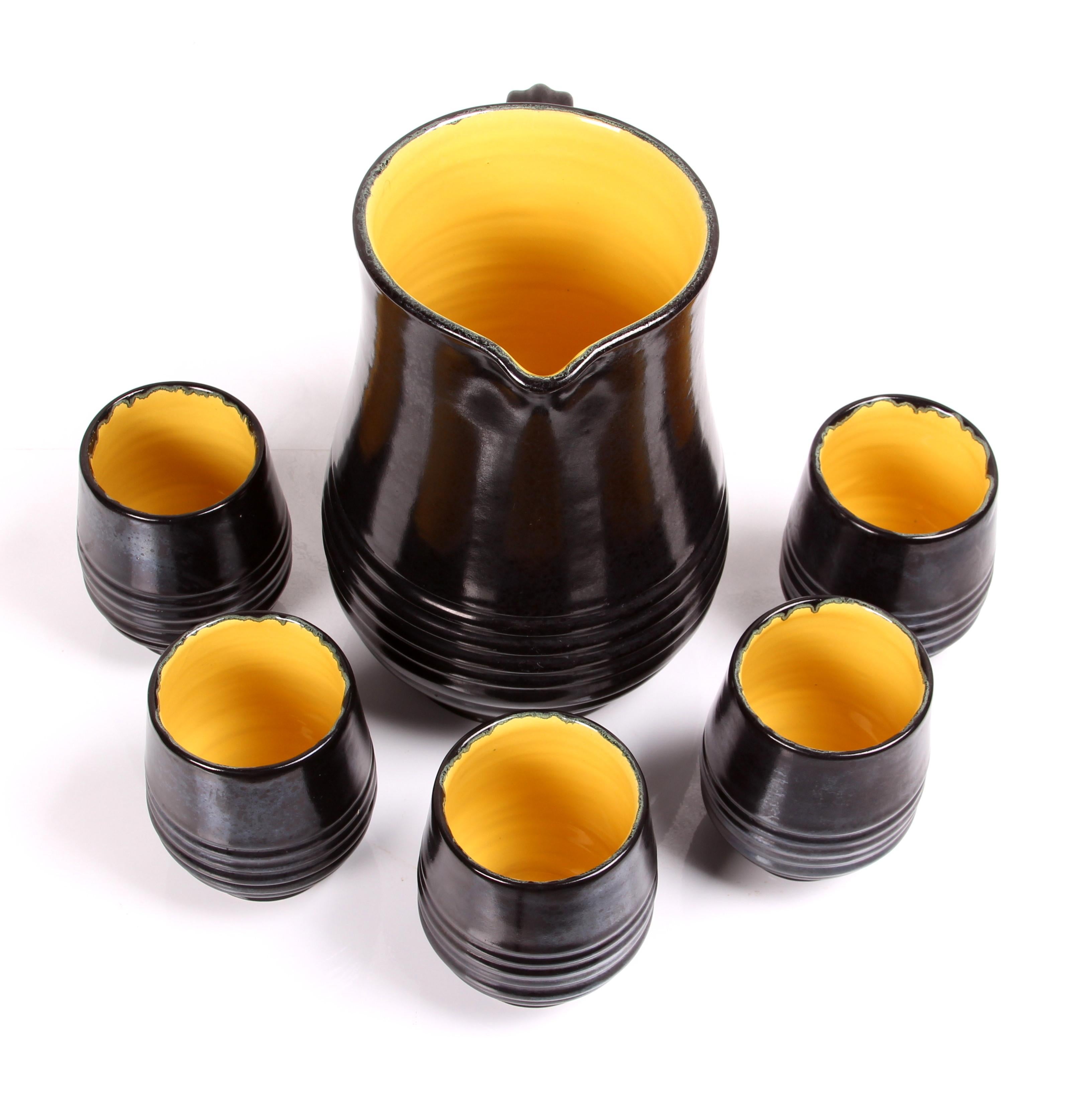 Mid-Century Modern SET of midcentury Italy Grottaglie Drink Set Jug + 5 cups art pottery For Sale