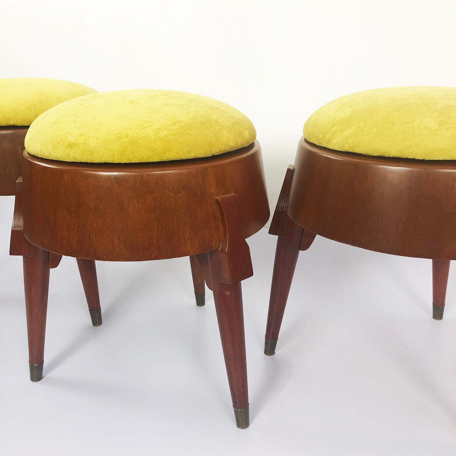 We offer this set of midcentury Mexican stools attributed to Eugenio Escudero, recently restored, circa 1950.