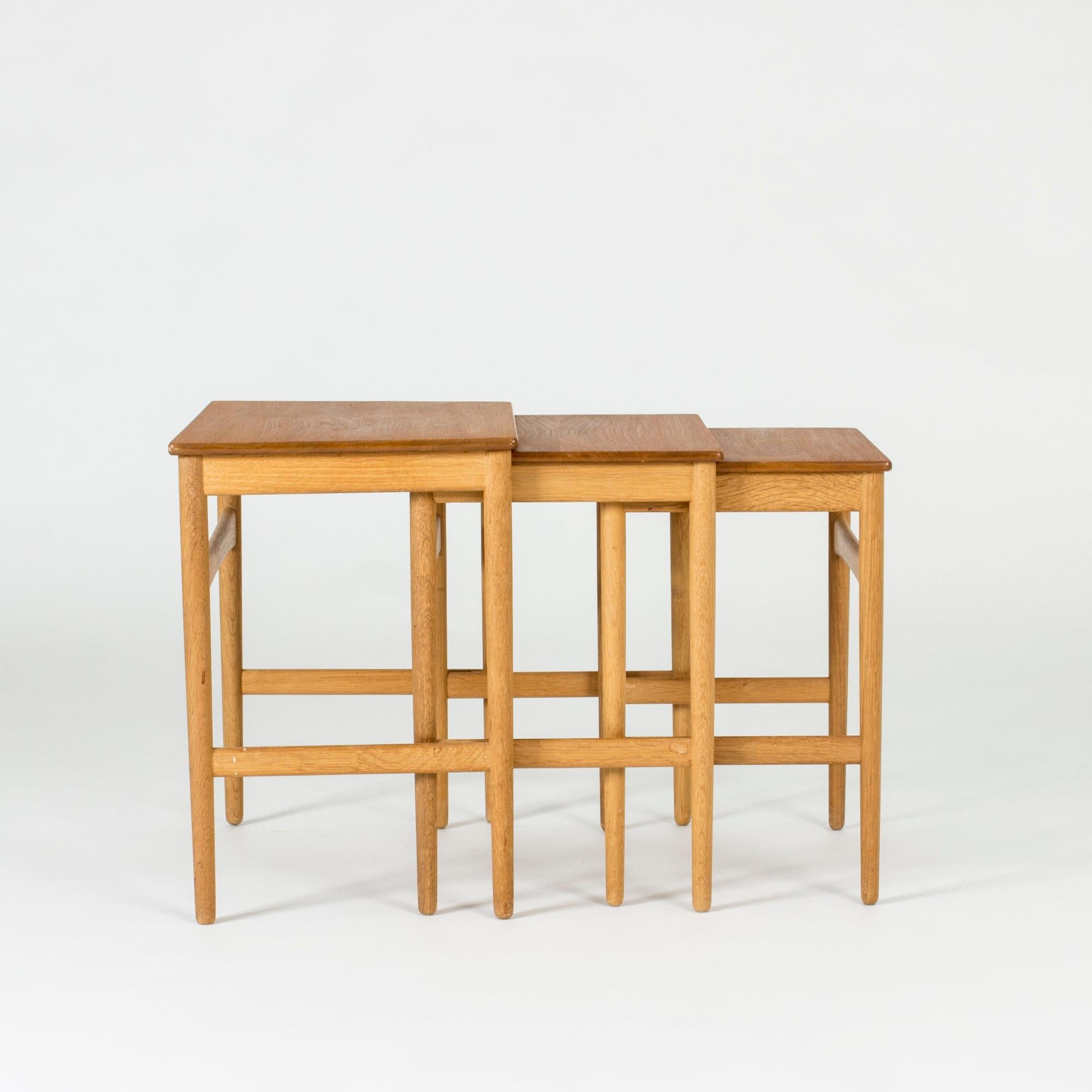 Set of three neat, sleek nesting tables by Hans J. Wegner. Oak legs with teak table tops.