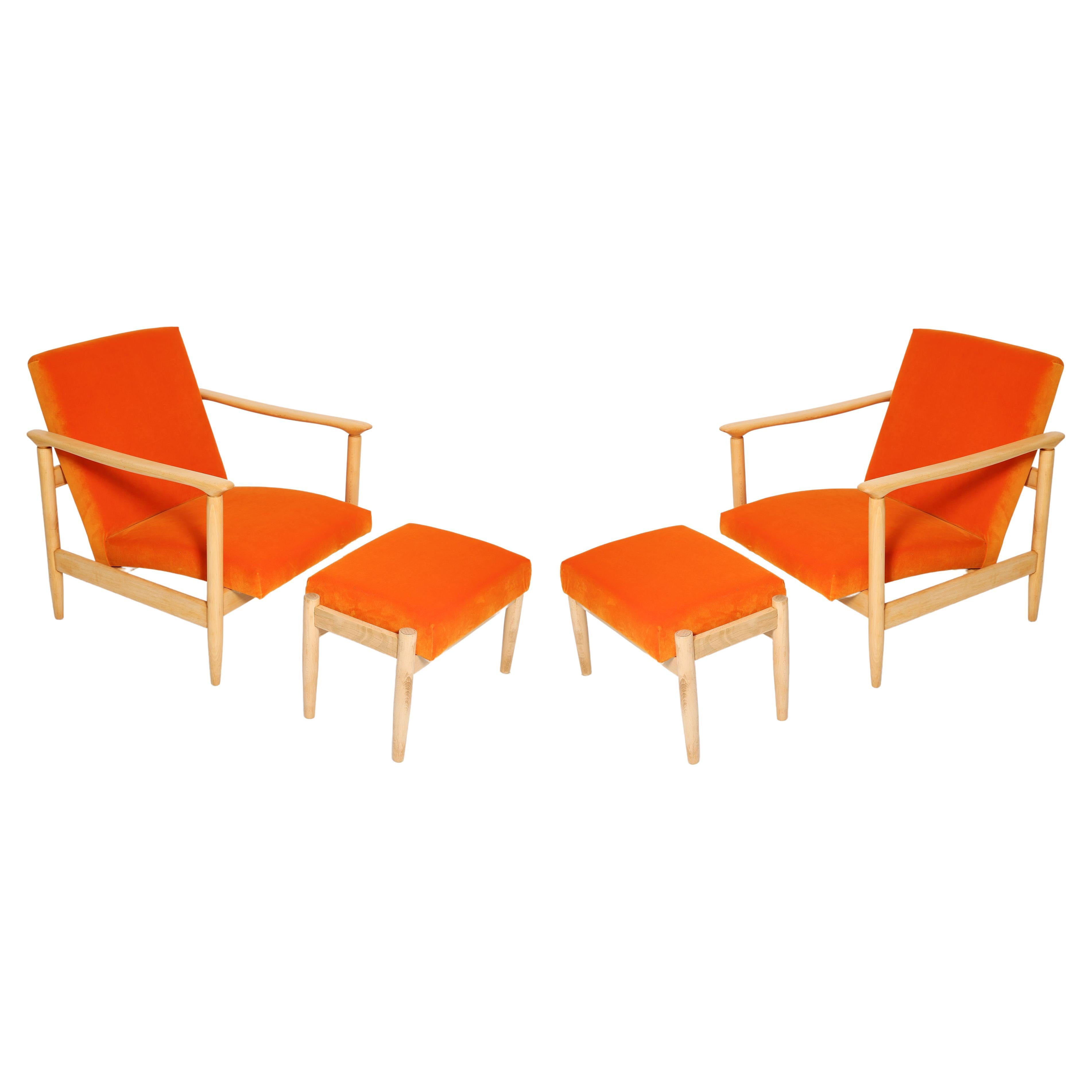 Set of Midcentury Orange Velvet Armchairs and Stools, Edmund Homa, Europe, 1960s