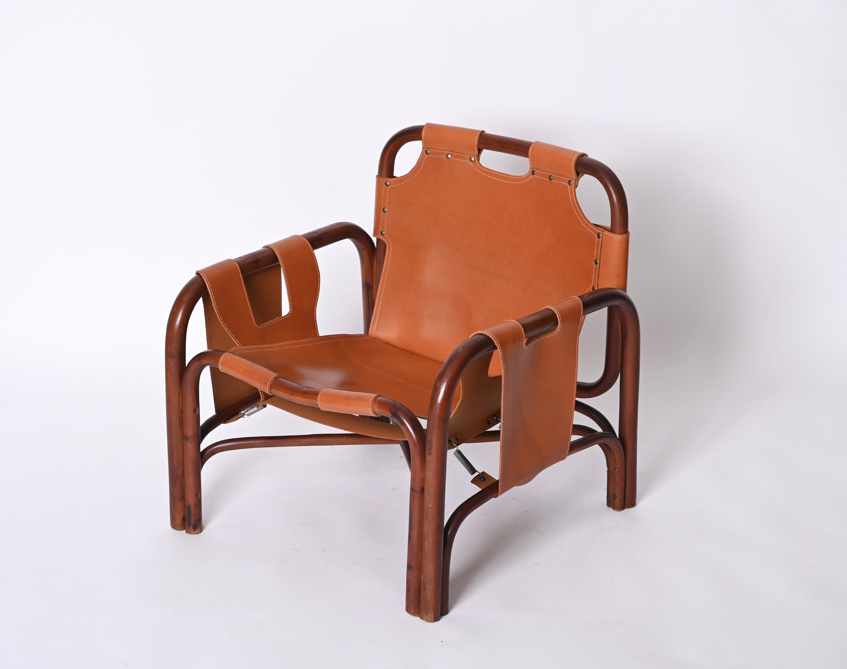 Set of Midcentury Pair of Bamboo and Leather Italian Armchairs and Table, 1960s For Sale 6