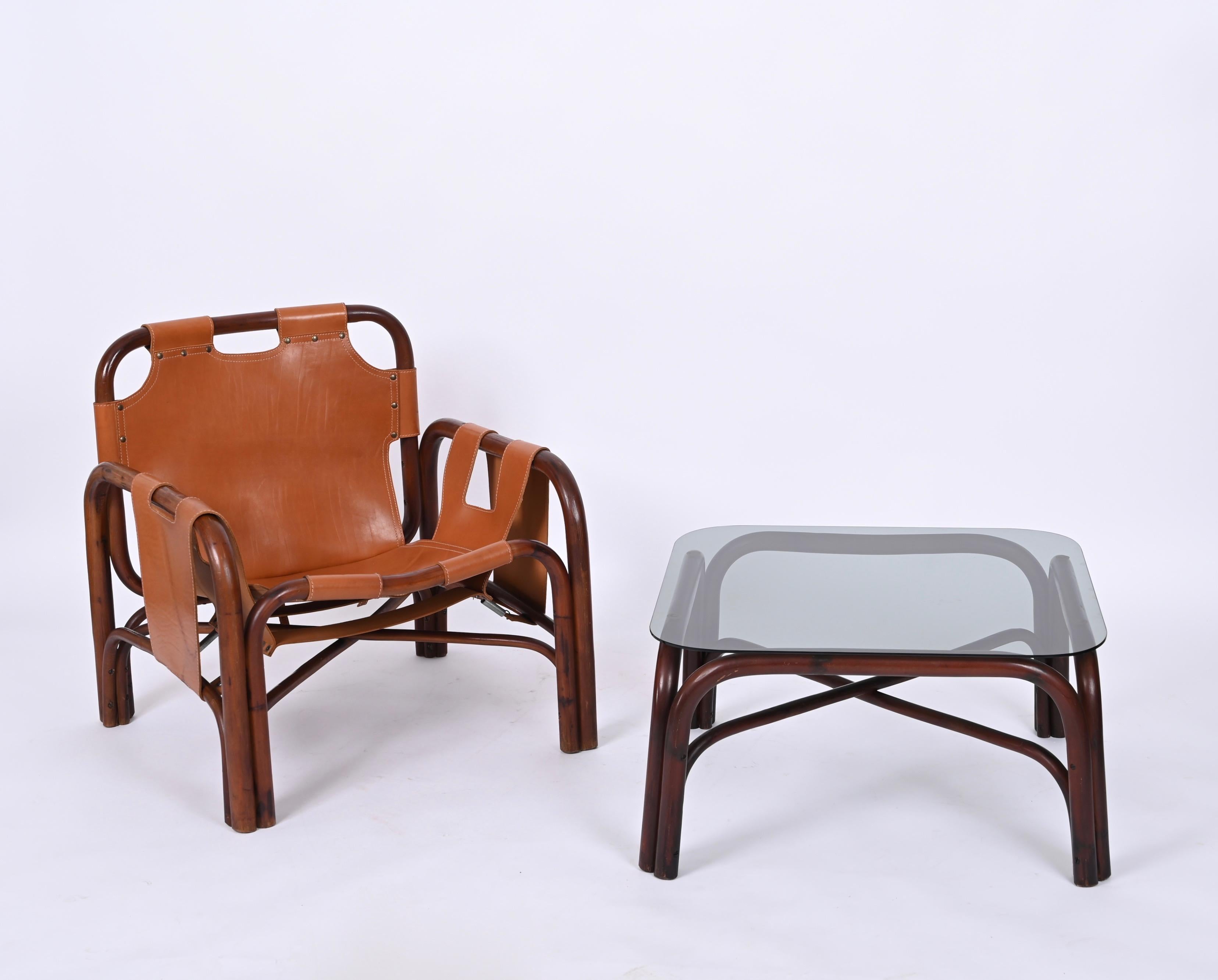Set of Midcentury Pair of Bamboo and Leather Italian Armchairs and Table, 1960s For Sale 9
