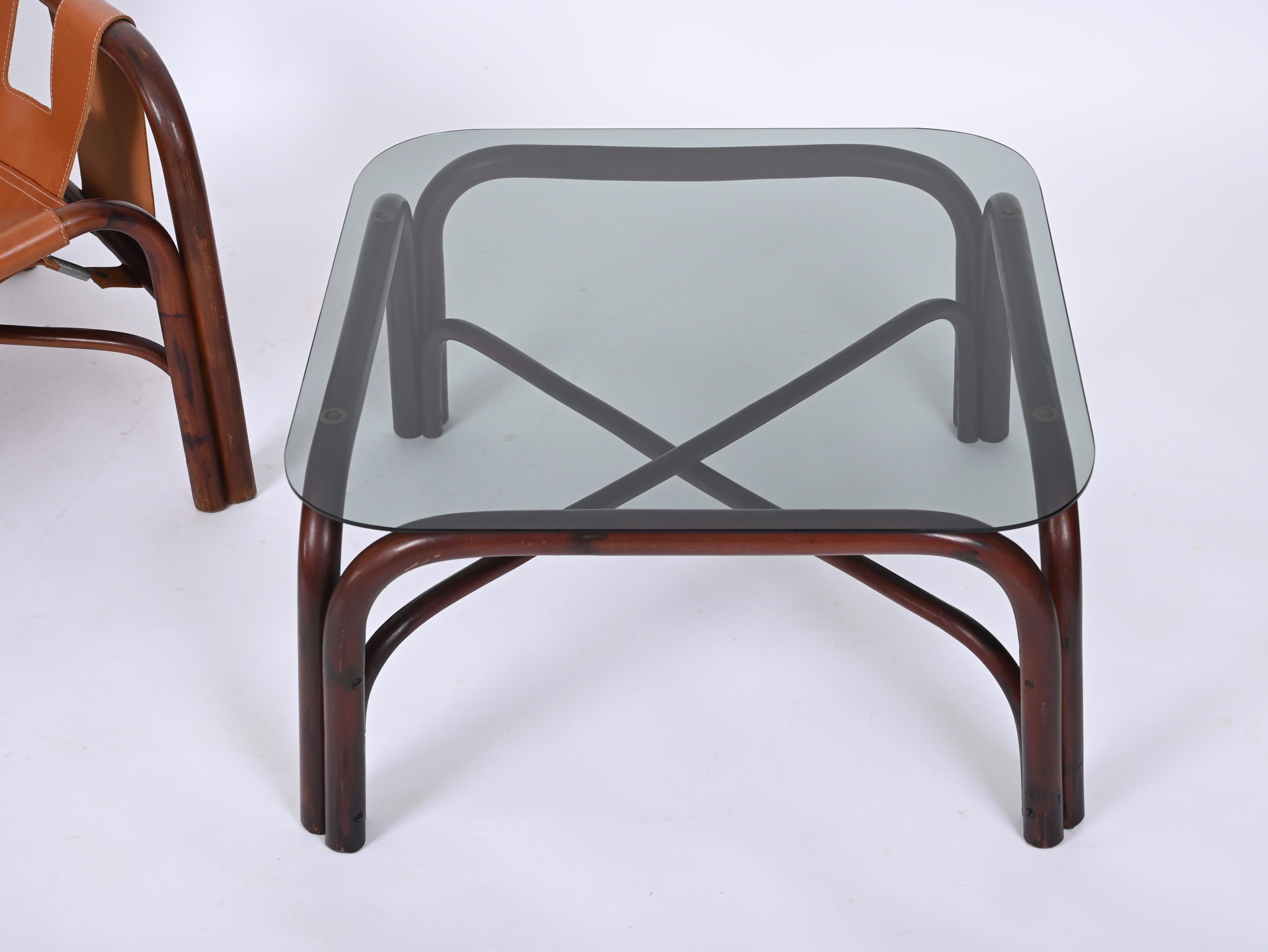 Set of Midcentury Pair of Bamboo and Leather Italian Armchairs and Table, 1960s For Sale 10