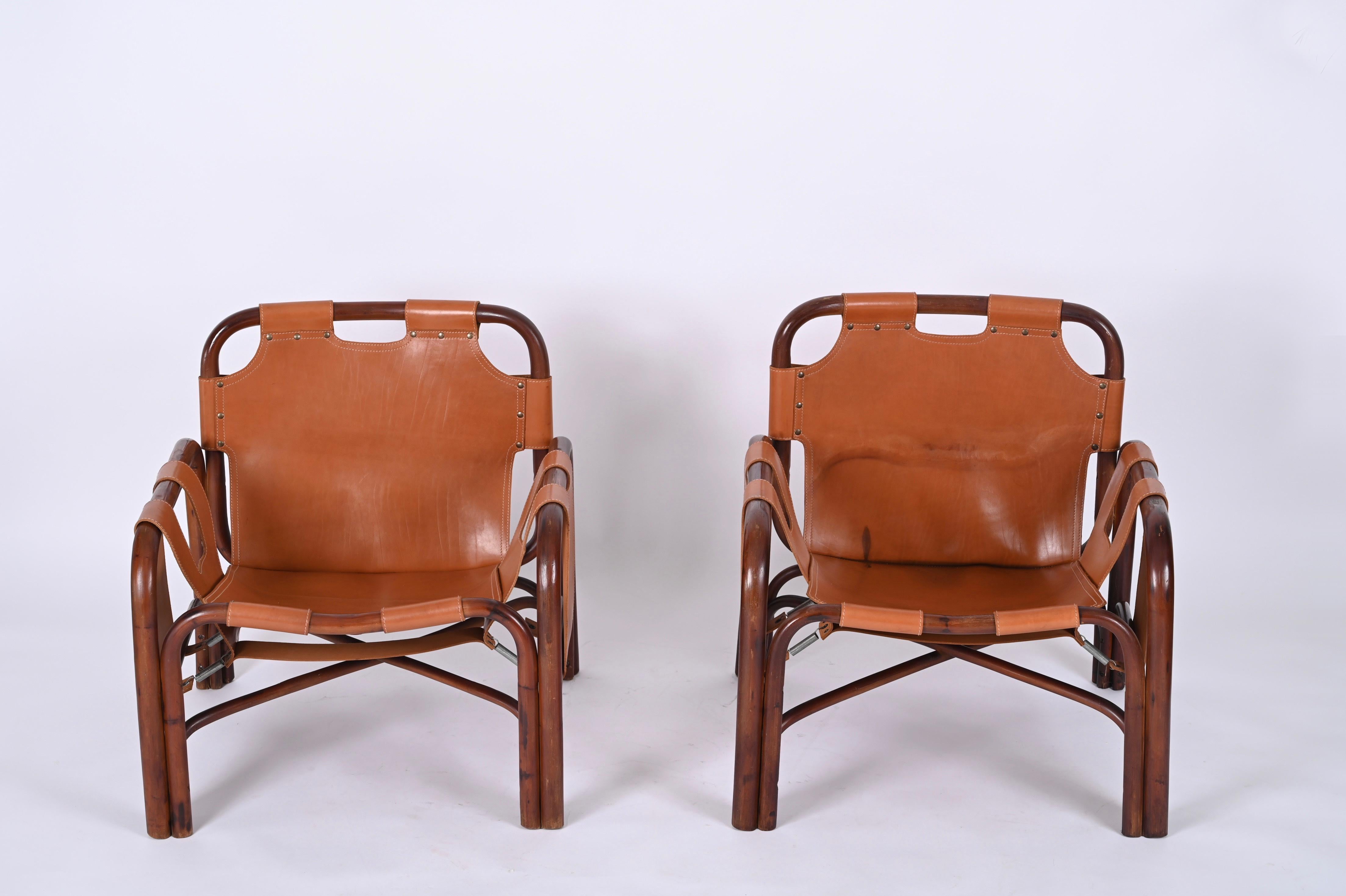 Set of Midcentury Pair of Bamboo and Leather Italian Armchairs and Table, 1960s For Sale 11