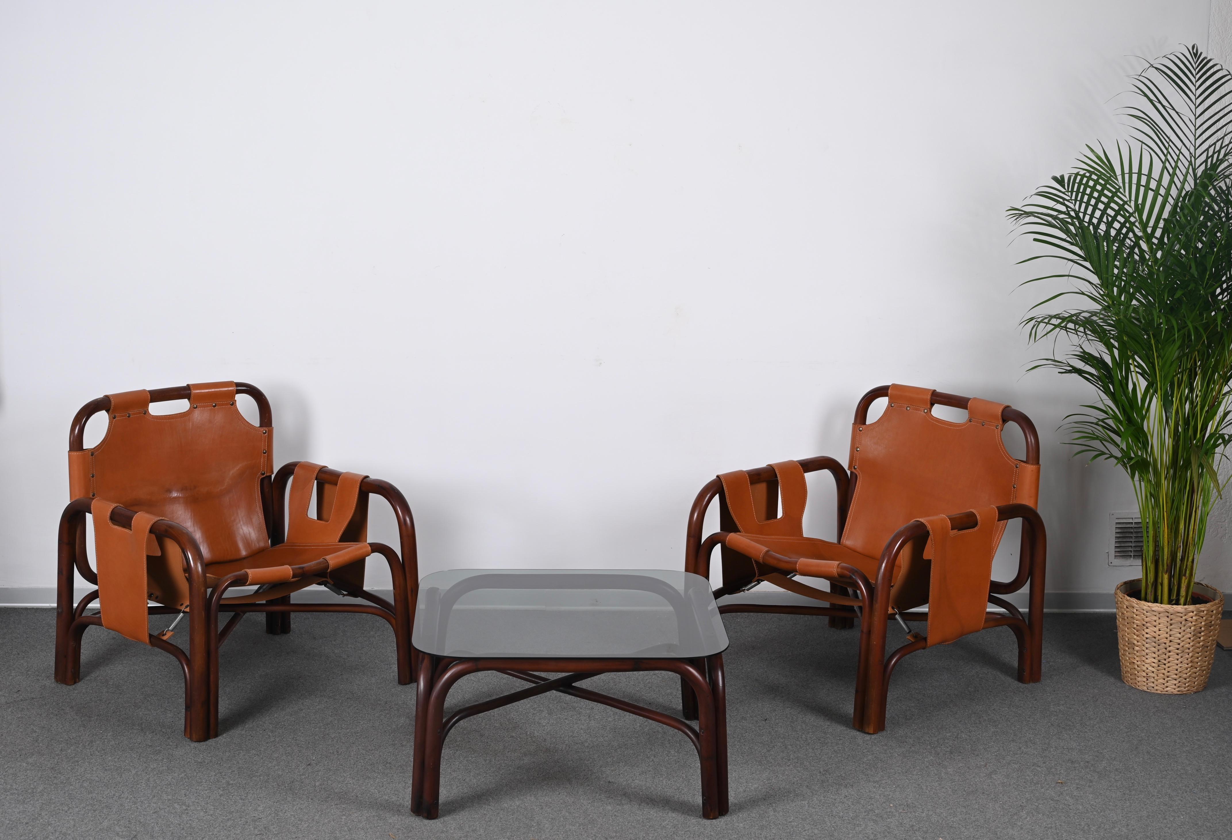 Set of Midcentury Pair of Bamboo and Leather Italian Armchairs and Table, 1960s For Sale 15
