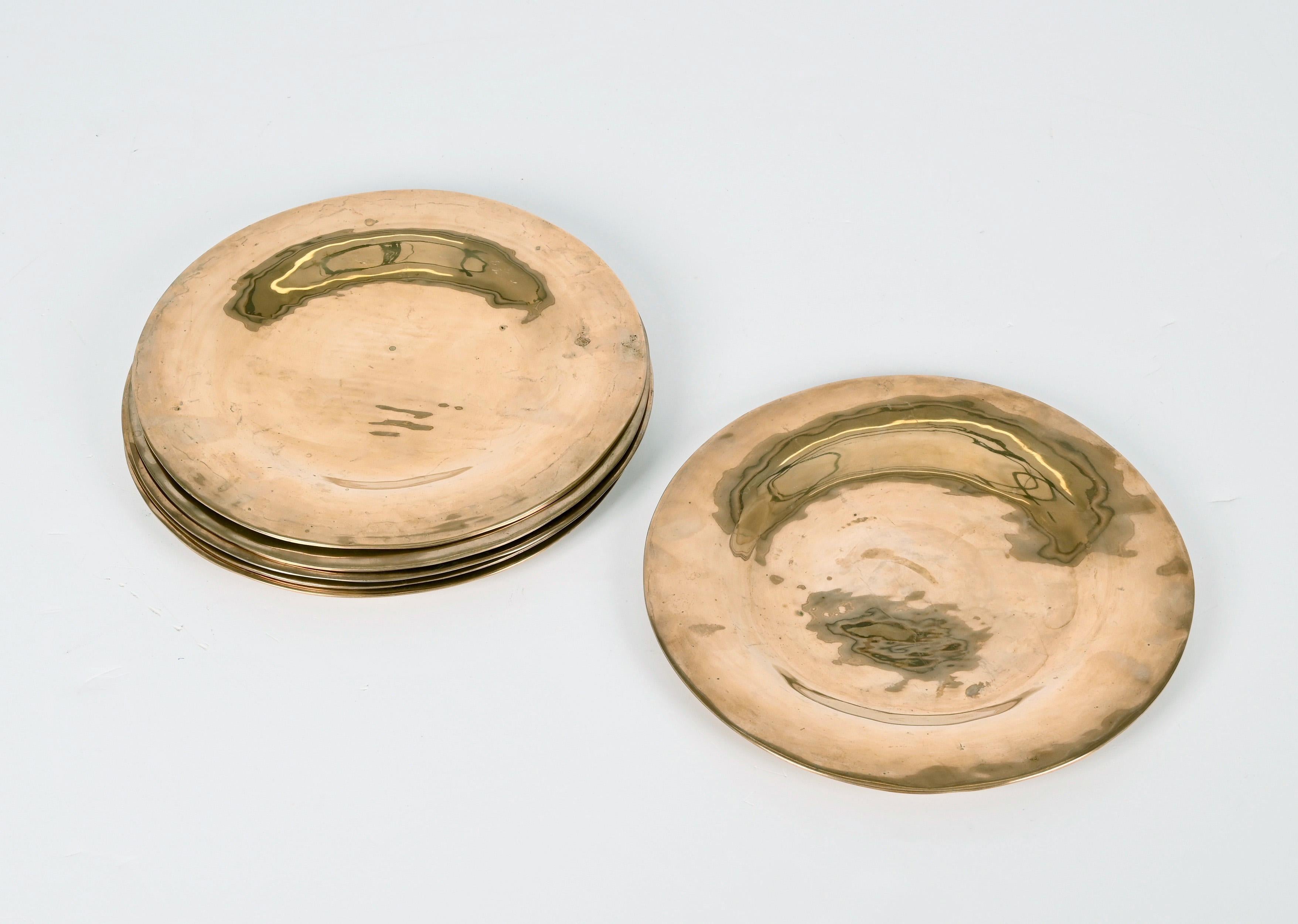 Set of Six Midcentury Round Brass Italian Dinner Plates, 1970s 7